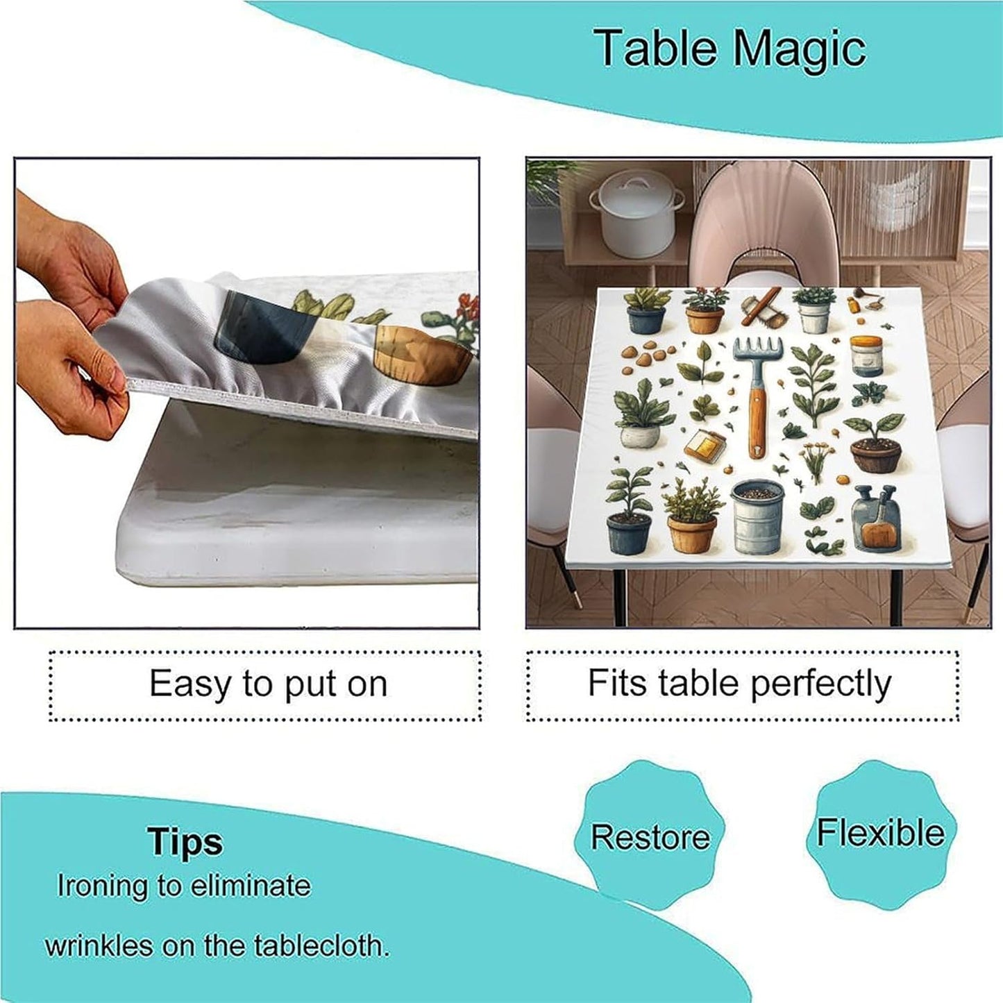Fitted Folding Table Tablecloth, Garden Tools Pattern Printed on Stain