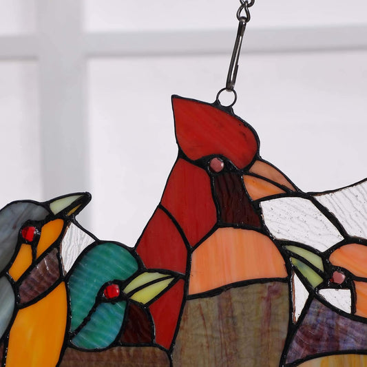 Bieye W10055 Tropical Birds on The Wire Tiffany Style Stained Glass Window Panel Hangings with Chain, 22" W x 13" H