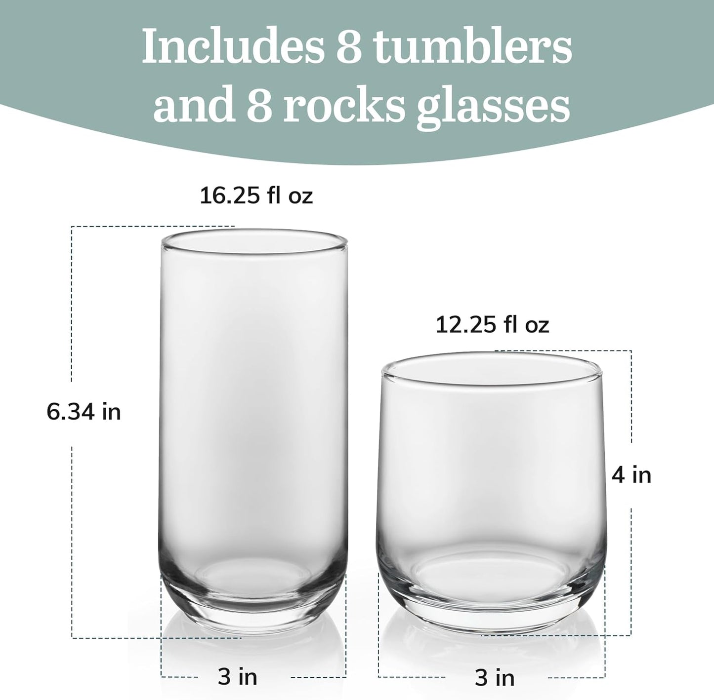 Libbey Ascent Tumbler and Rocks Drinking Glasses Set of 16, Glass Drin