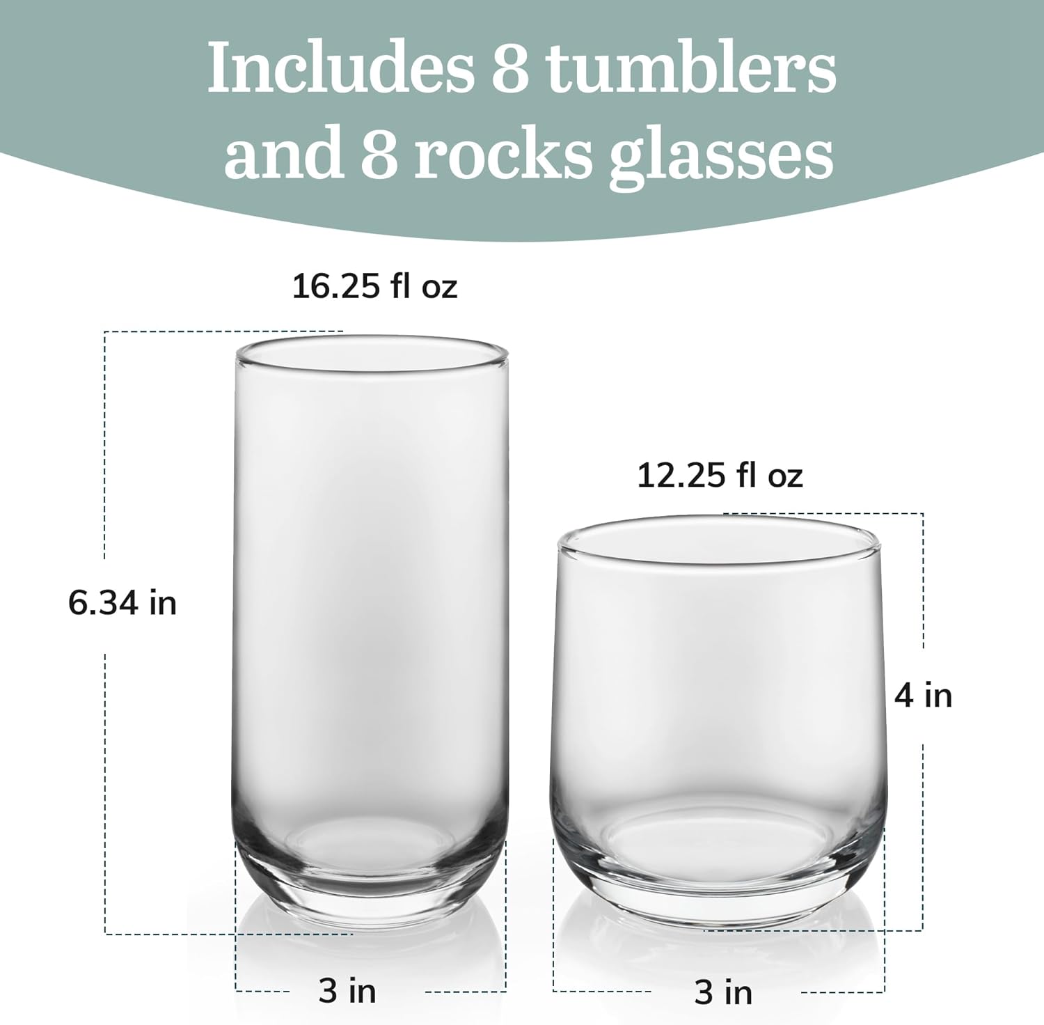 Libbey Ascent Tumbler and Rocks Drinking Glasses Set of 16, Glass Drin