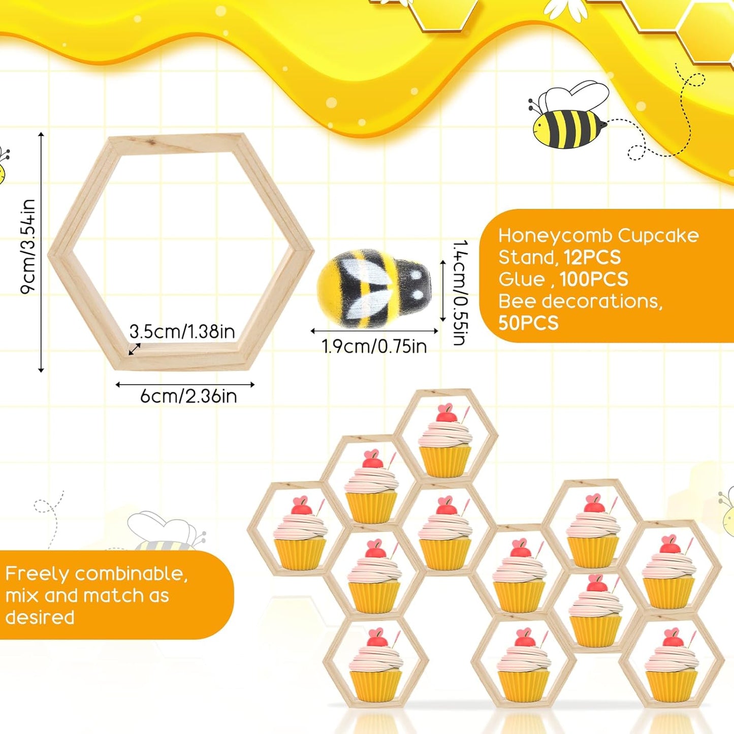 Yolev 12 Pcs Hexagon Honeycomb Cupcake Stand with 50 Tiny Wooden Bee Wooden Farmhouse Hexagon Cake Display Holder Floating Cake Stand Honeycomb Shelves for Bee Baby Shower Decorations