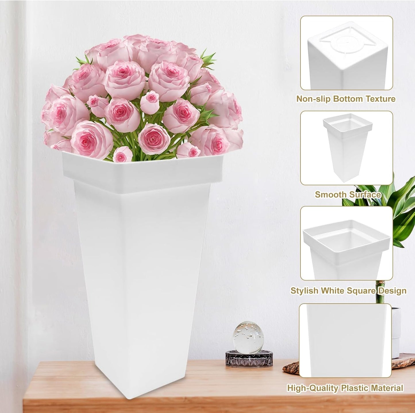 Homegroove 12 Pcs Plastic Flower Buckets, 13.4 Inch Square Floral Display Stand, Tall Vase for Cut Flowers, Indoor/Outdoor Home Wedding Bar Supplies