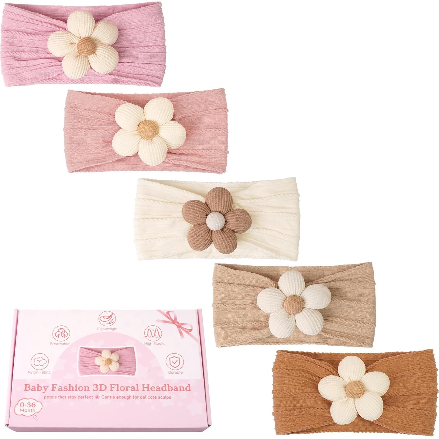 CÉLLOT 5 Pcs Baby Flower Headbands Baby Girls Nylon Headbands Soft Hai