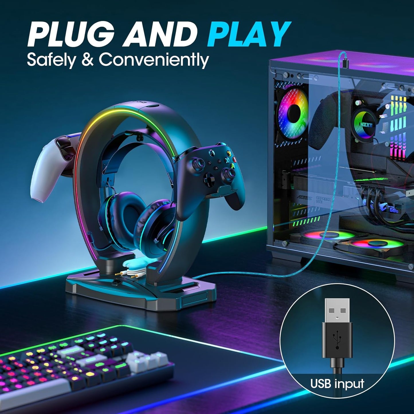 KDD RGB Headphone & Controller Stand with 9 Light Modes - Foldable Con