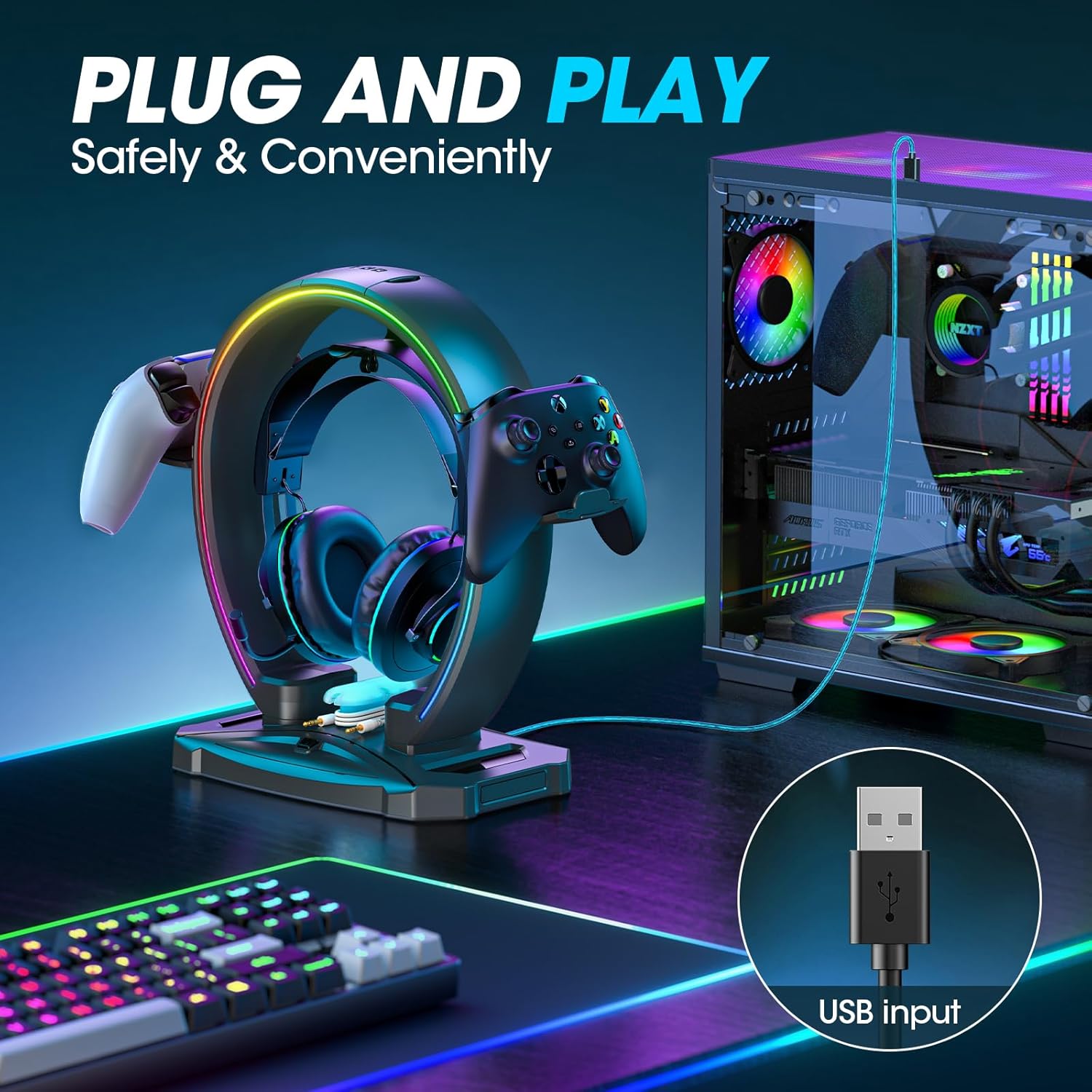 KDD RGB Headphone & Controller Stand with 9 Light Modes - Foldable Con