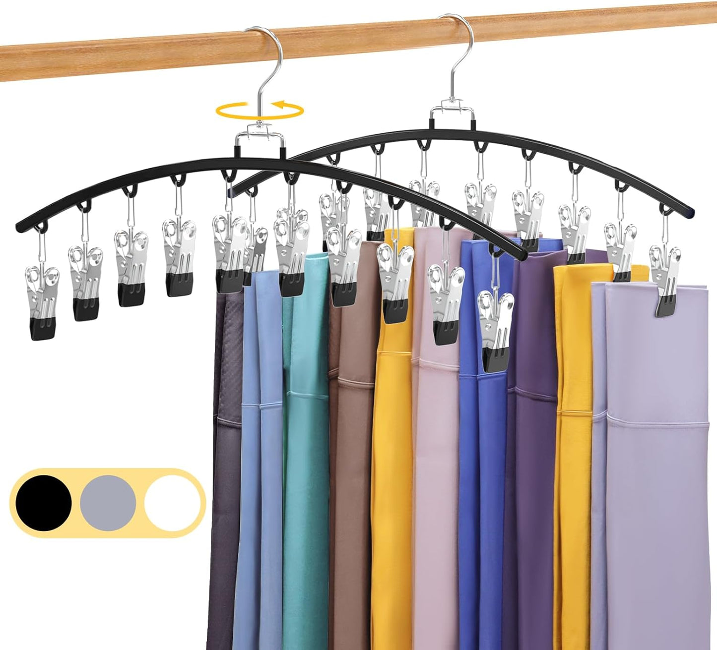 2 Pack Legging Organizer for Closet 360° Swivel, Metal Gym Clothes Organizer w/20 Clips Holds 20 Leggings, Hangers Space Saving, Closet Organizers and Storage, Dorm Room Organization Essentials, Black