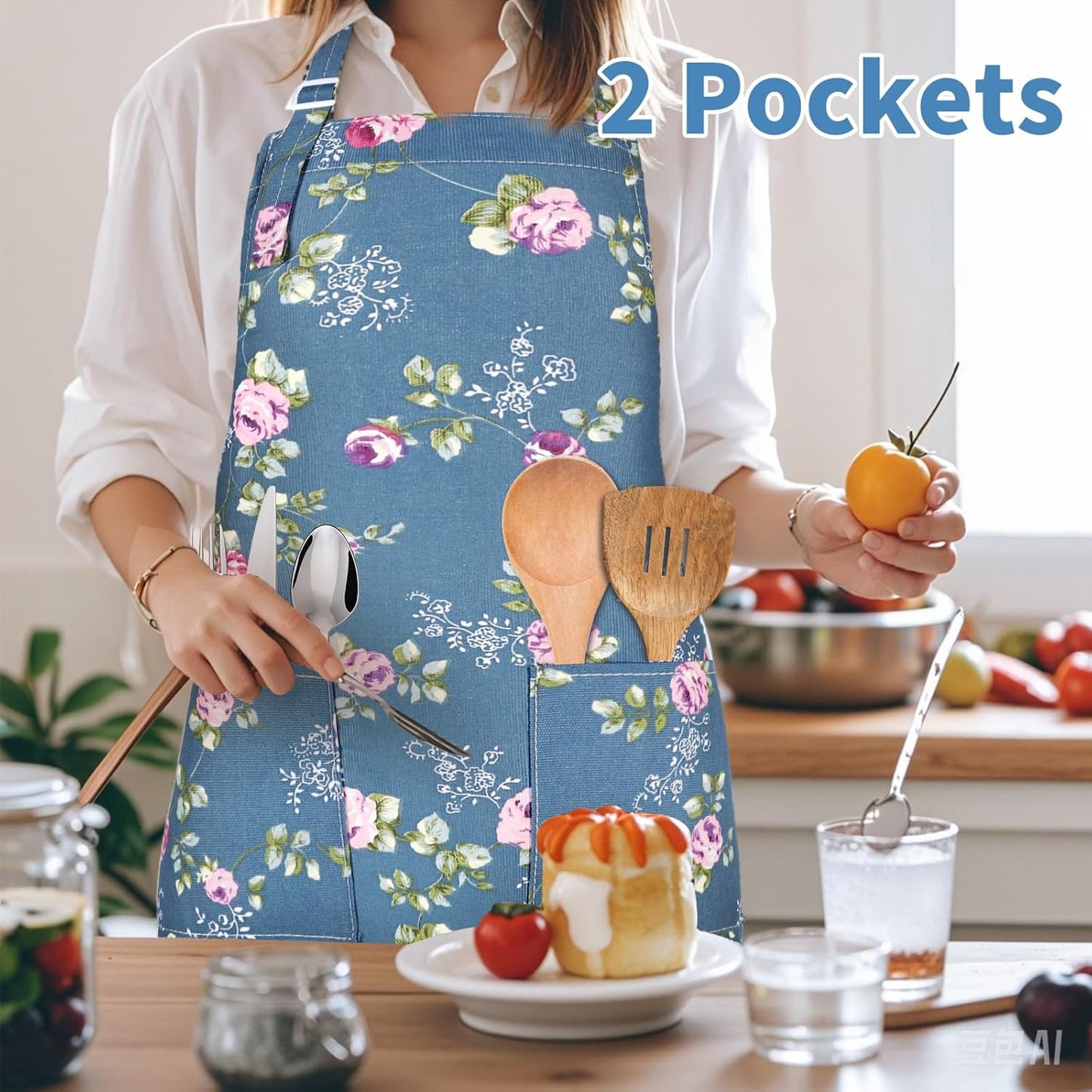 Apron for Women with Pockets, 3 Pcs Floral Print Canvas Apron with Adj
