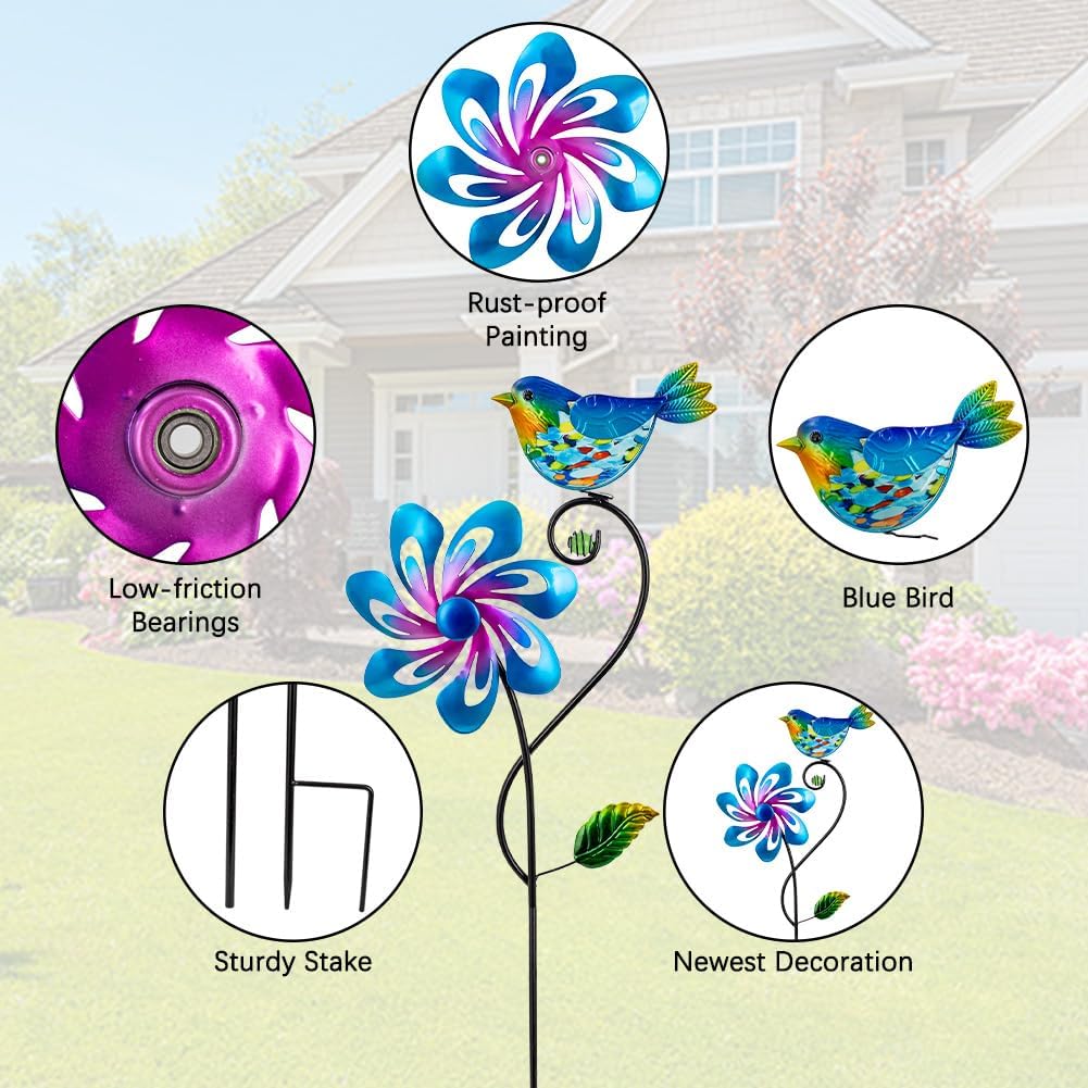Wind Spinners Outdoor, Kinetic Metal Wind Spinner, Decorative Glass Bird Windmill Waterproof Pinwheels for Yard and Garden Decor