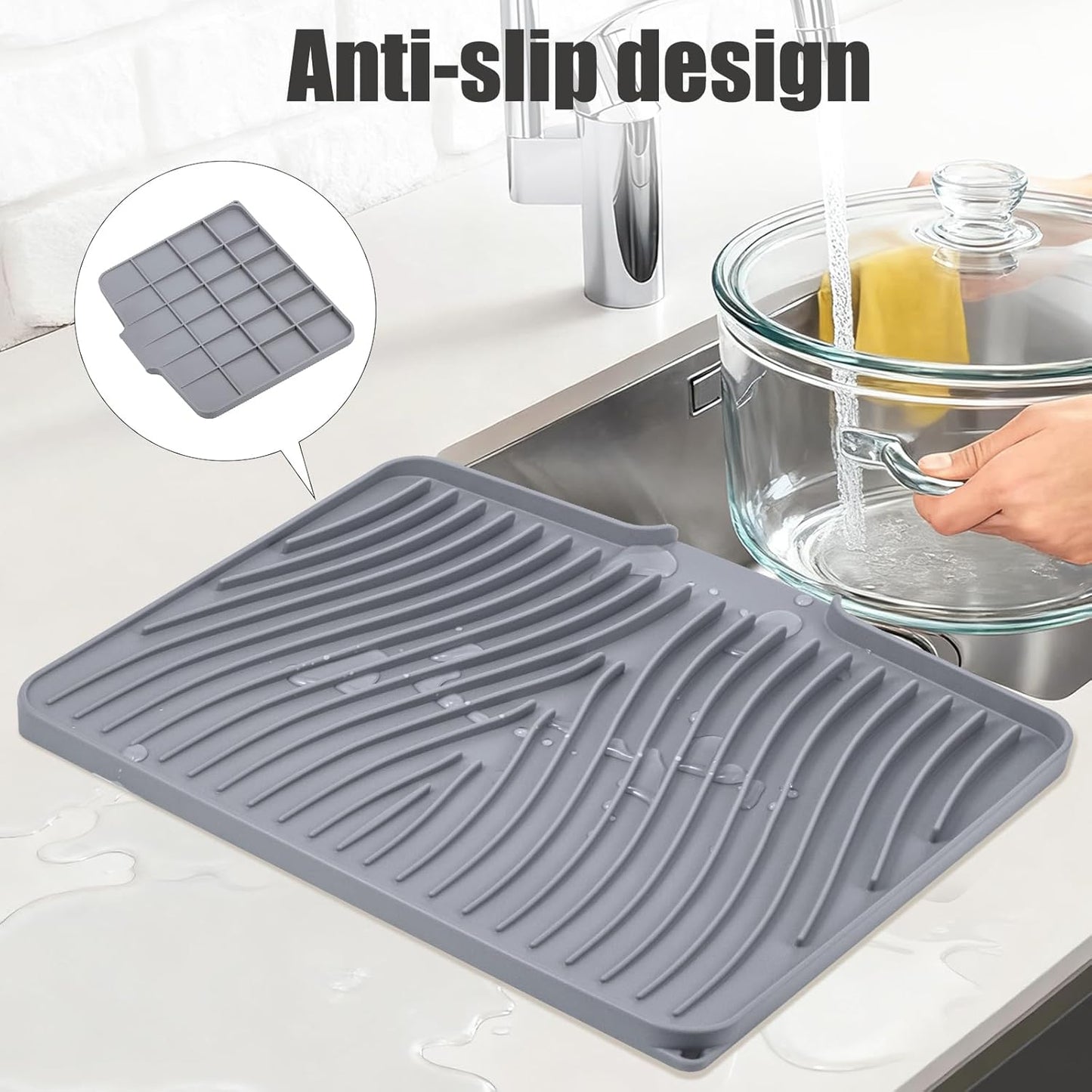 Silicone Dish Drying Mat, Stone Drying Mat for Kitchen Counter with Built-In Drain, Non-Slip Drain Pad with Built-in Drain, Heat Resistant Stone Drying Mat, Hangable, Grey-1pcs, 16" x 12"