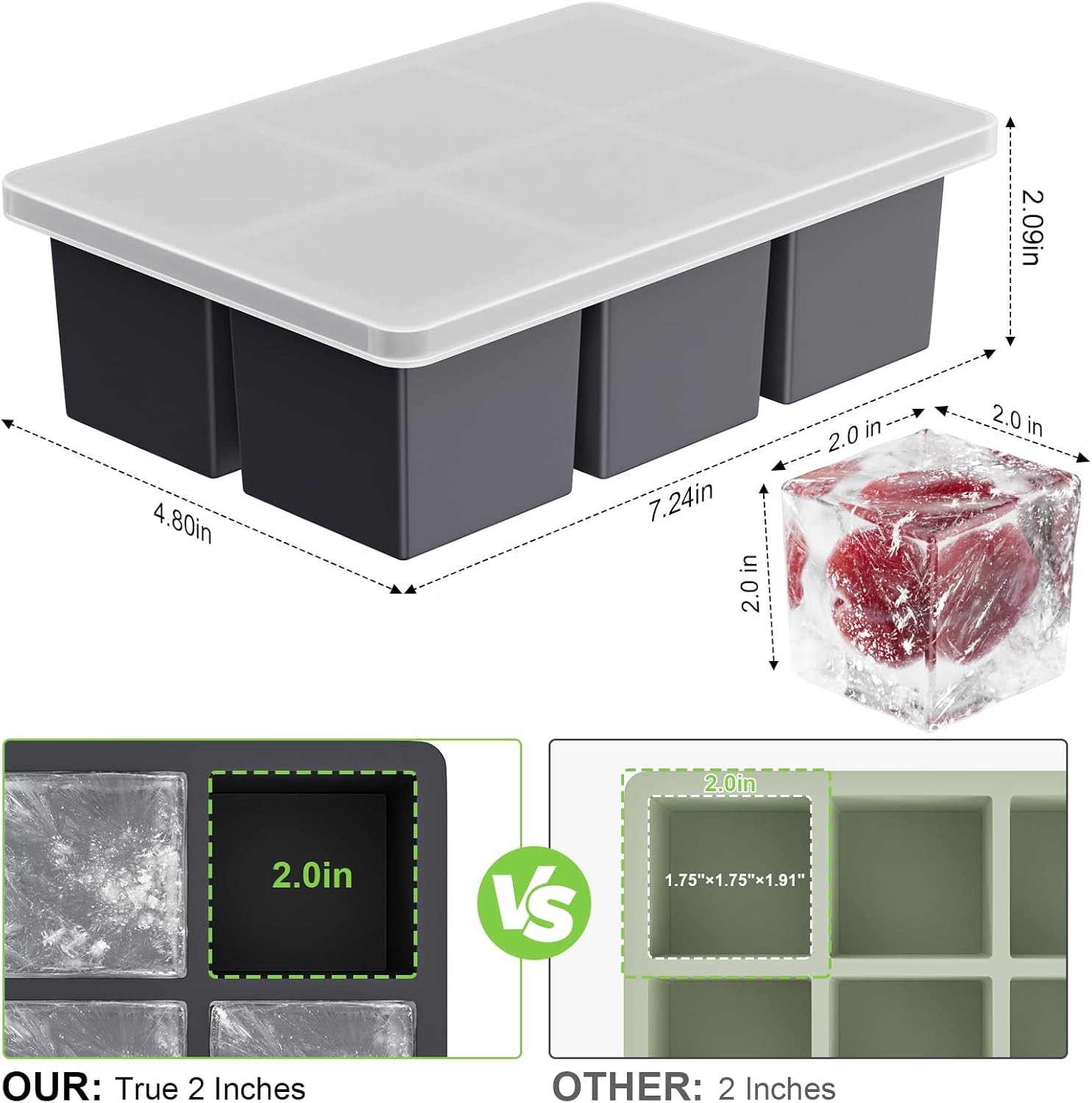 Large Ice Cube Tray for Whiskey: 2" Big Silicone Ice Tray with Lid for