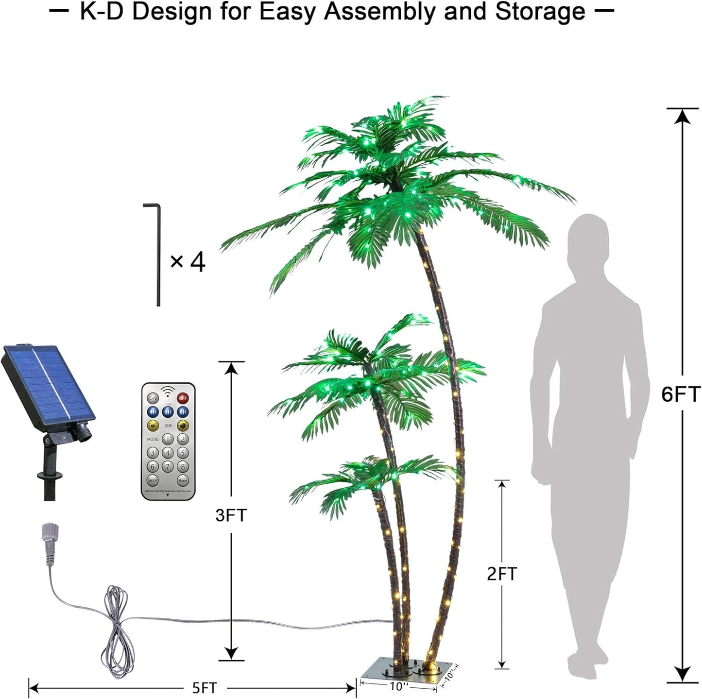LIGHTSHARE Lighted 6FT Gorgeous Palm Tree 3Trunks Artificial Palm Tree 203LED Lights for Decoration Outdoor and Indoors Tiki Bar Christmas Patio Pool-Solar