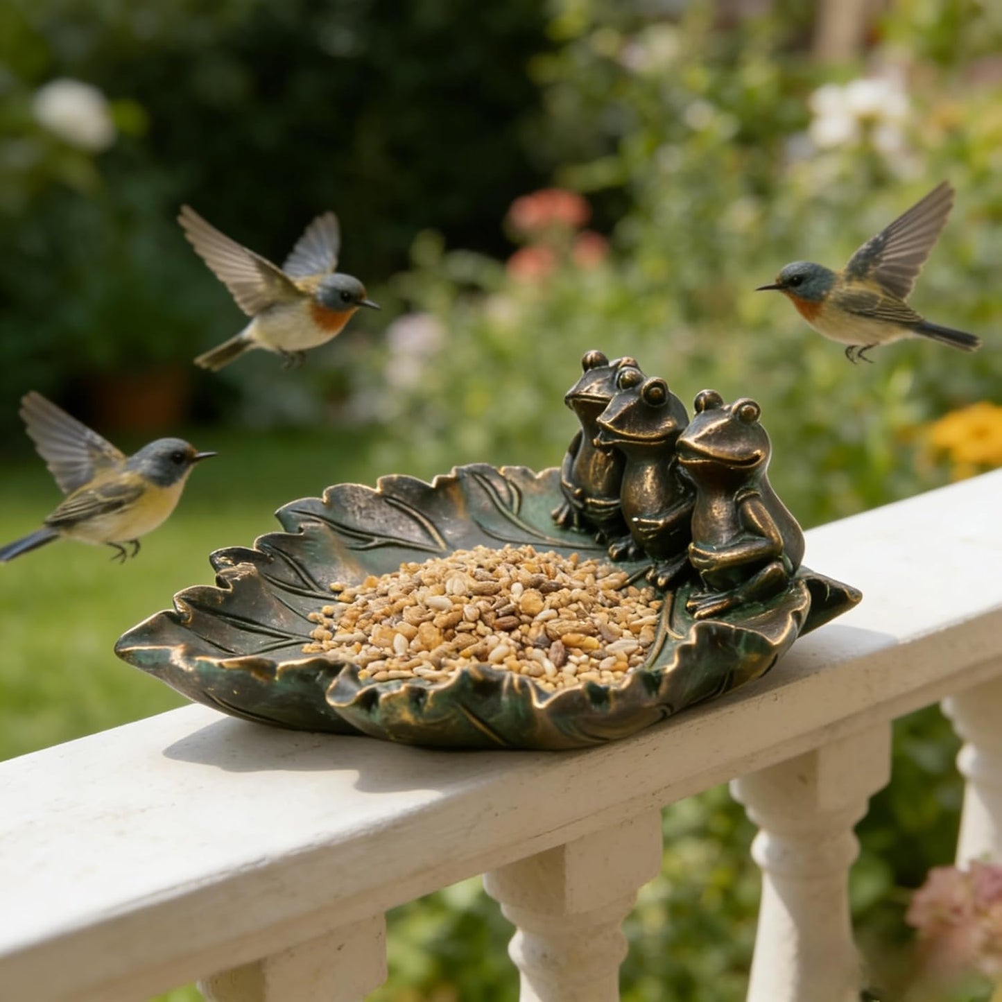 Bronze Leaf Bird Bath with Frog Figurines Resin Birdbath Bowl Small Water Dish Birdfeeder Tray Bird Water Feeder for Lovers Gardeners Yard Decorations Outdoor Garden Decor Patio