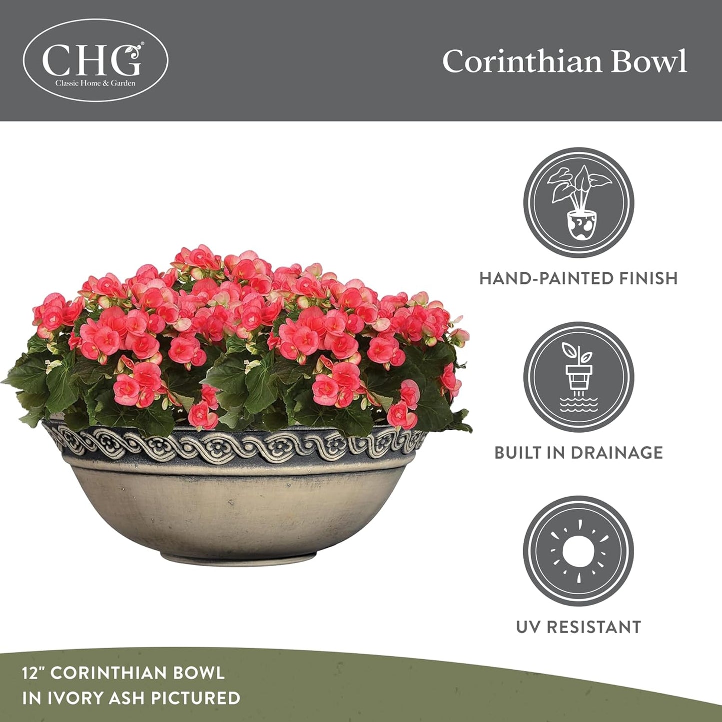 Classic Home and Garden Corinthian Shallow Planter with Drainage - Decorative Garden Bowl Planter for Succulents, Flowers, & More - UV Resistant Wide Plant Bowl for Indoors/Outdoors (12” Ivory Ash)