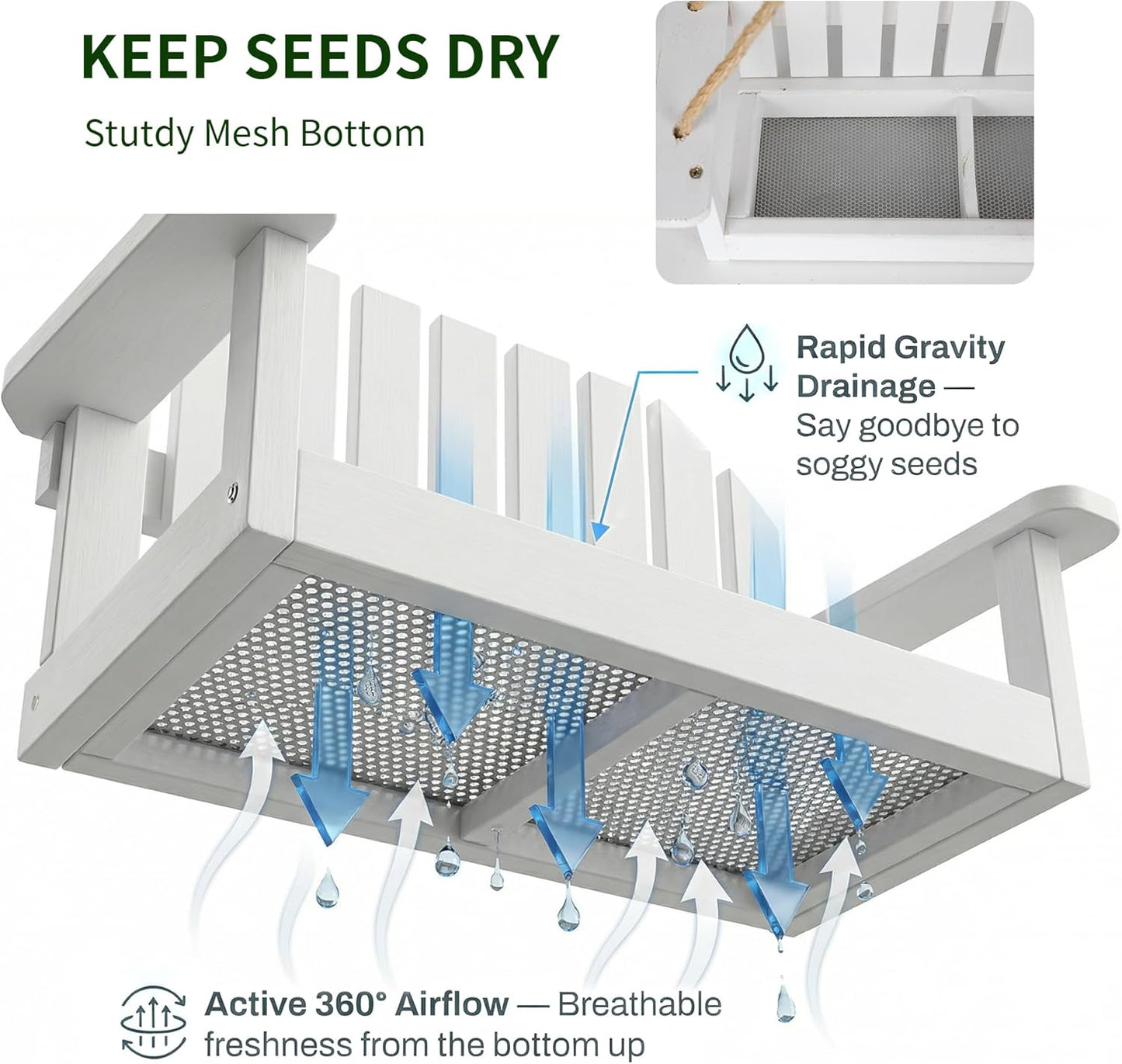 Solution4Patio White Swing Bird Feeder, Squirrel-Proof Metal Mesh Tray with Bench Design, High-Capacity Rust-Resistant Hanging Bird Feeder for Porch & Yard Décor – Easy Fill & Clean