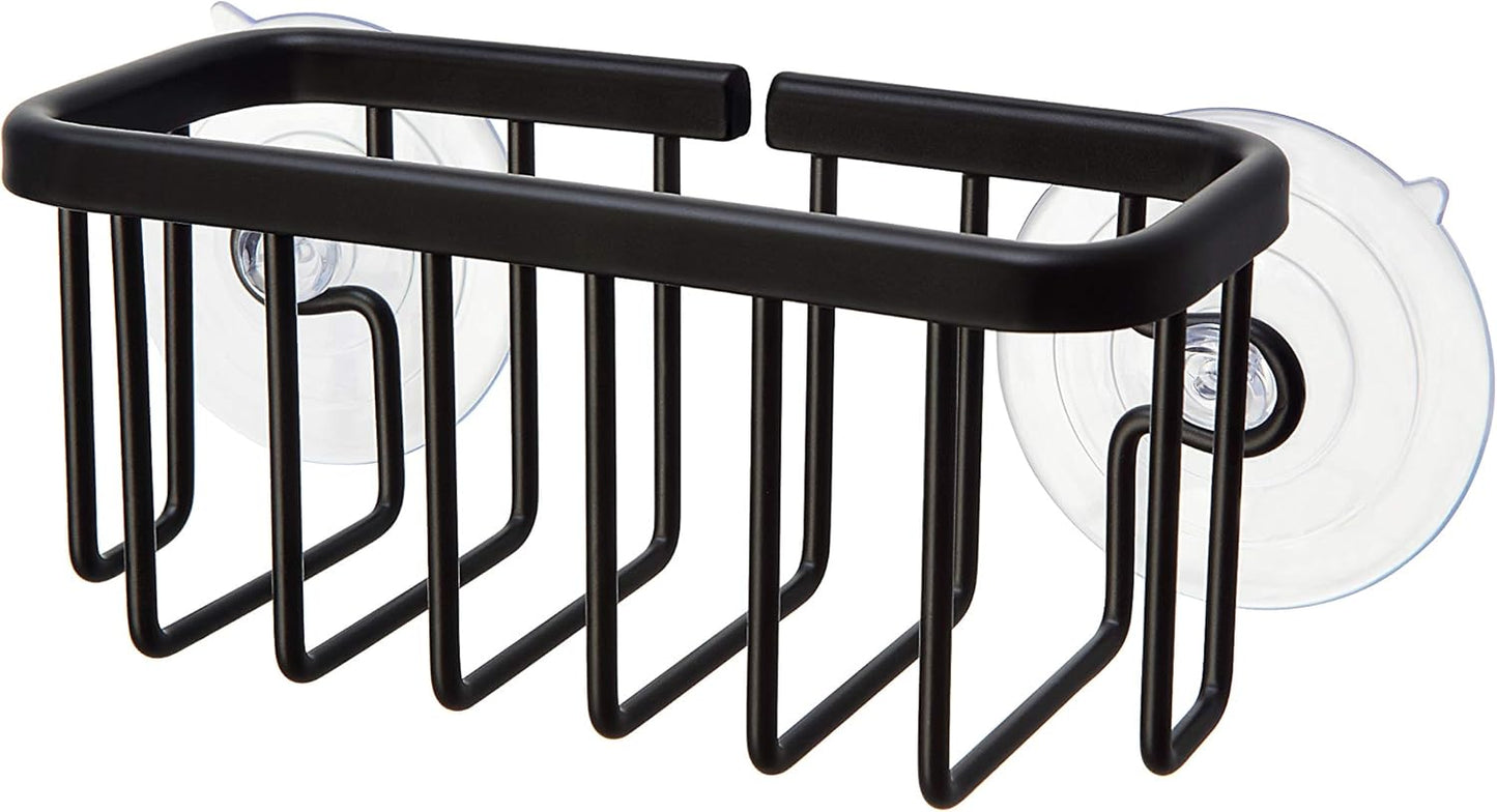 SunnyPoint NeverRust Kitchen & Bathroom Sink Caddy for Sponges, Scrubbers, Soap, 6" x 2.5" x 2.65", with Adhesive Mount - Additional Suction Cup Included –Aluminum (Black)