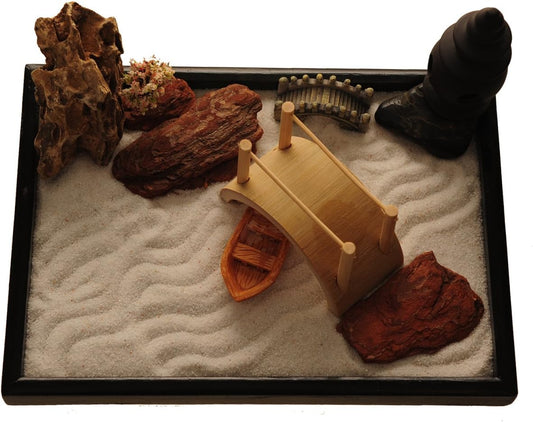 Zen Garden with Boat Bridge Japanese Censers Set with Free Rake and Pushing Sand Pen Base Tray Dimensions 10 x 7 x 0.4 inches