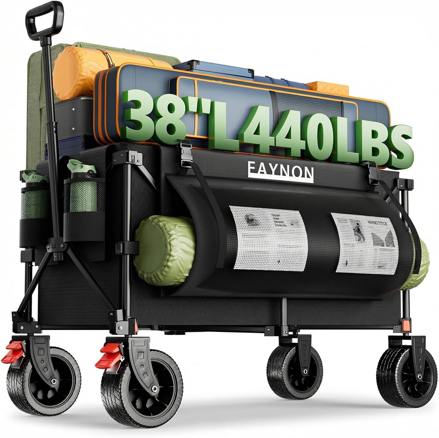 38" L Heavy Duty Collapsible Wagon, 440lbs Load & 220L Capacity Folding Utility Cart with Side Storage Pockets, 15lbs Lightweight Rolling Hauler for Sports, Grocery, Beach Black