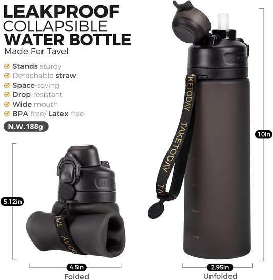 TakeToday Collapsible Water Bottles 20oz (600mL), Foldable Platinum Silicone Travel Water Bottle with Straw & Carry Strap, Leak-Resistant Screw Lid, Wide Mouth, BPA-Free for Hiking, Camping, Travel