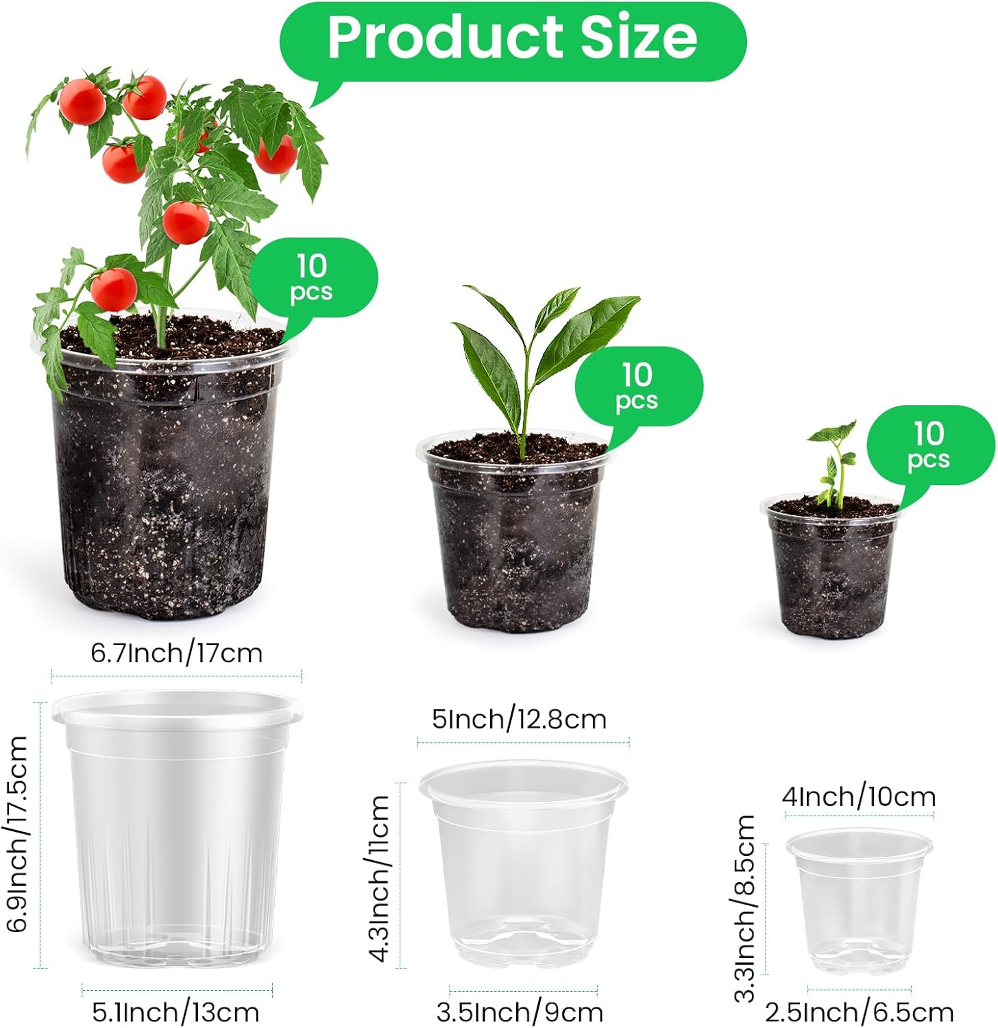 30 Packs 7/5/4 Inch Reinforced Clear Nursery Pots with Drainage Hole, 