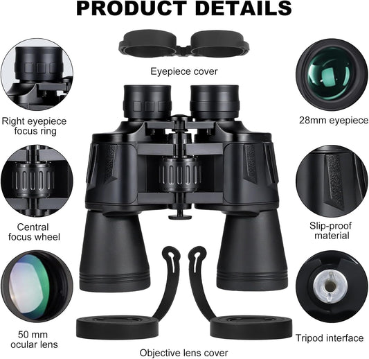20x50 Binoculars for Adults, HD High-Powered Binoculars, Non-Slip Grip, Waterproof, Shockproof, Low-Light Vision for Bird Watching, Hunting, Traveling, and Sightseeing
