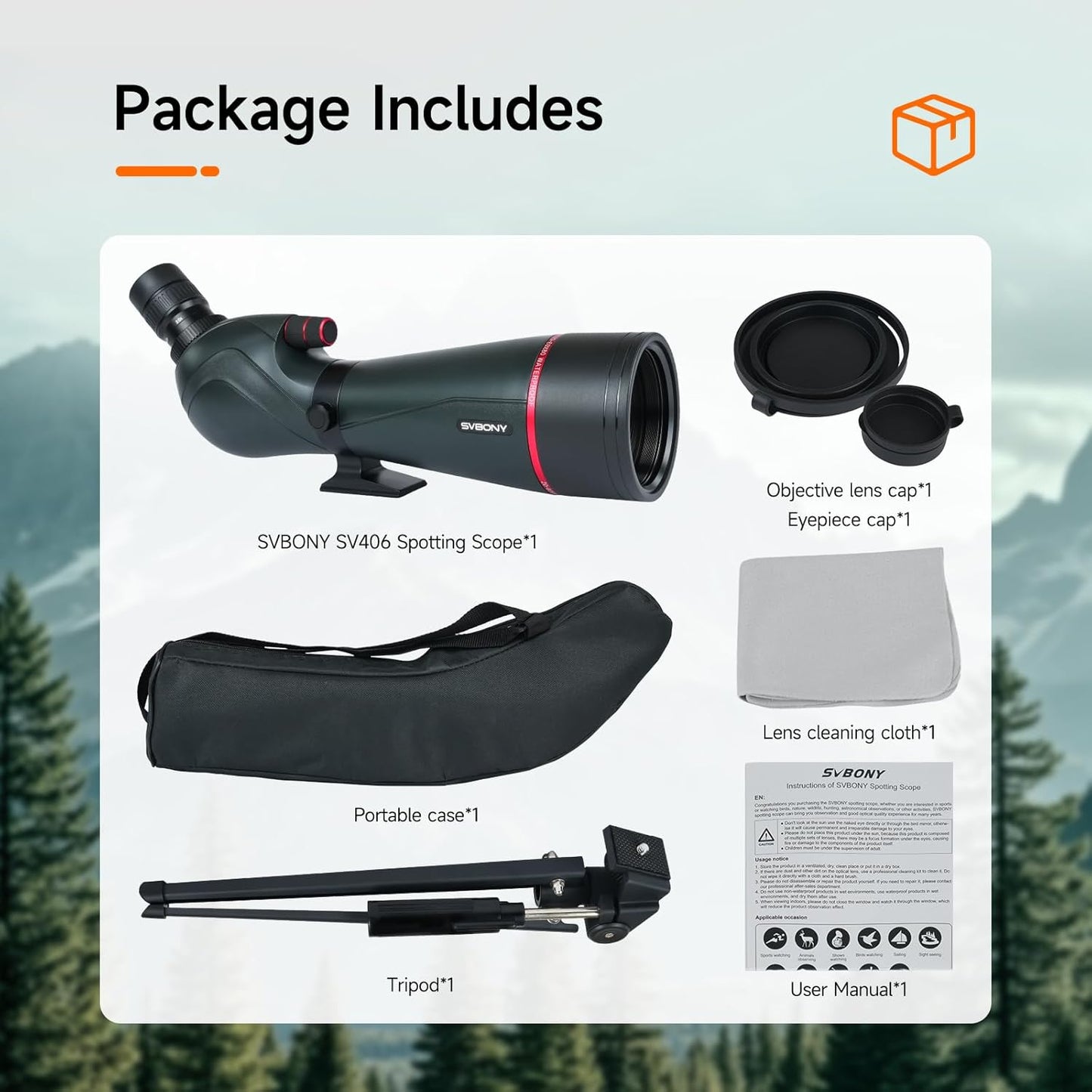 SVBONY SV406 20-60x80 Spotting Scope with Tripod, HD Optical System with BAK4 Prism, Waterproof & Fogproof, 1.25'' Removable Eyepiece, Spotting Scopes for Target Shooting, Bird Watching