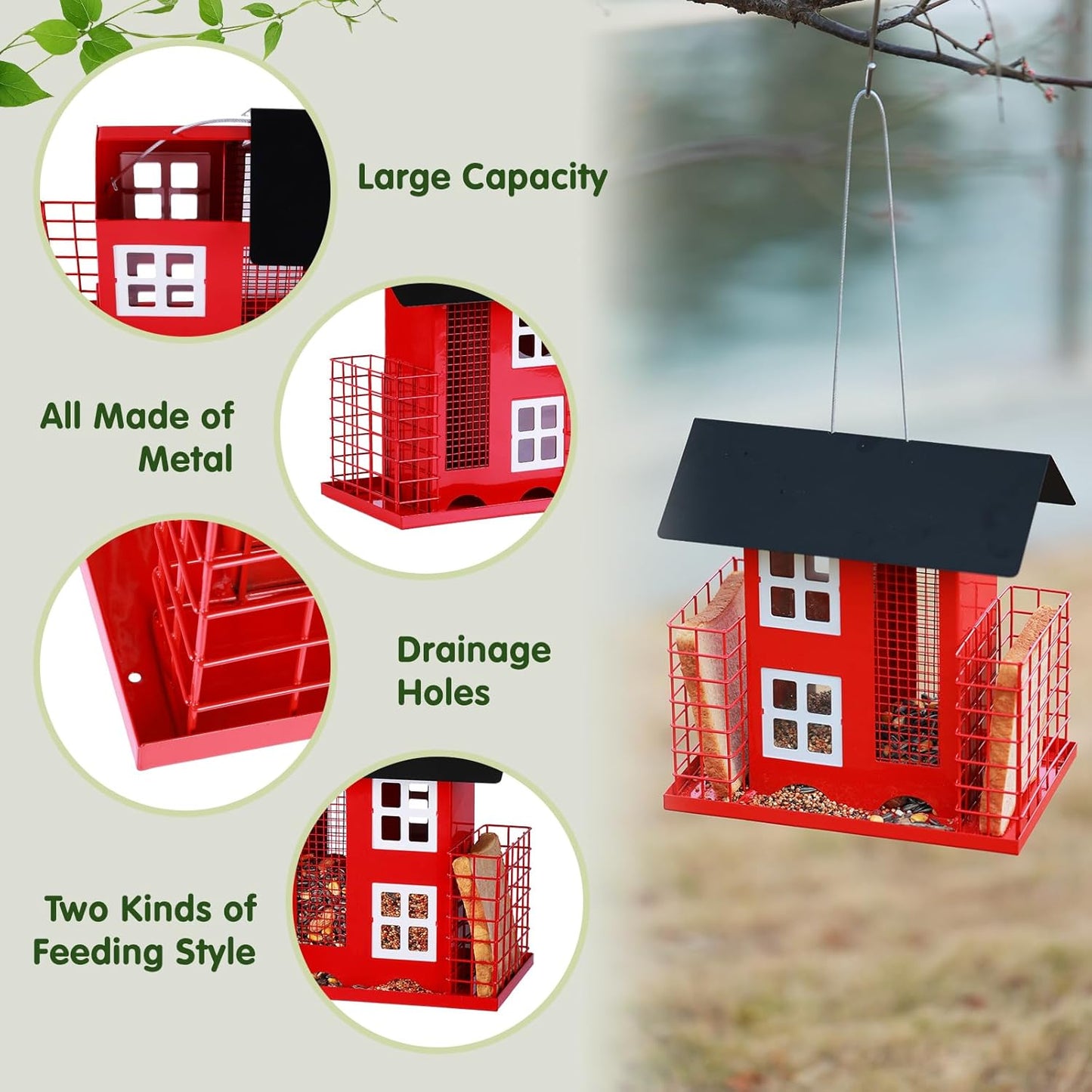 Metal Bird Feeders for Outdoors Hanging with 2 Suet Cage Cake Squirrel Proof Hanging Suet Feeder Large Capacity Wild Bird Feeder Easy Clean&Anti-Rust Attracting Birdhouse Red
