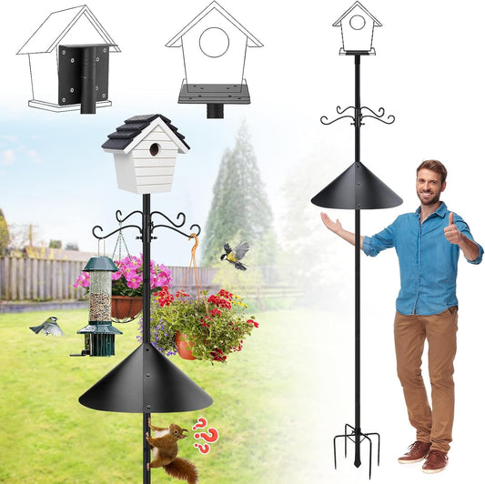95 Inch Bird Feeder Pole with Squirrel Baffle - Adjustable Height Bird House Feeding Station Stand with Heavy Duty 5-Prong Anchor Shepherds Hook Hanger for Outdoor Garden Birds Watching