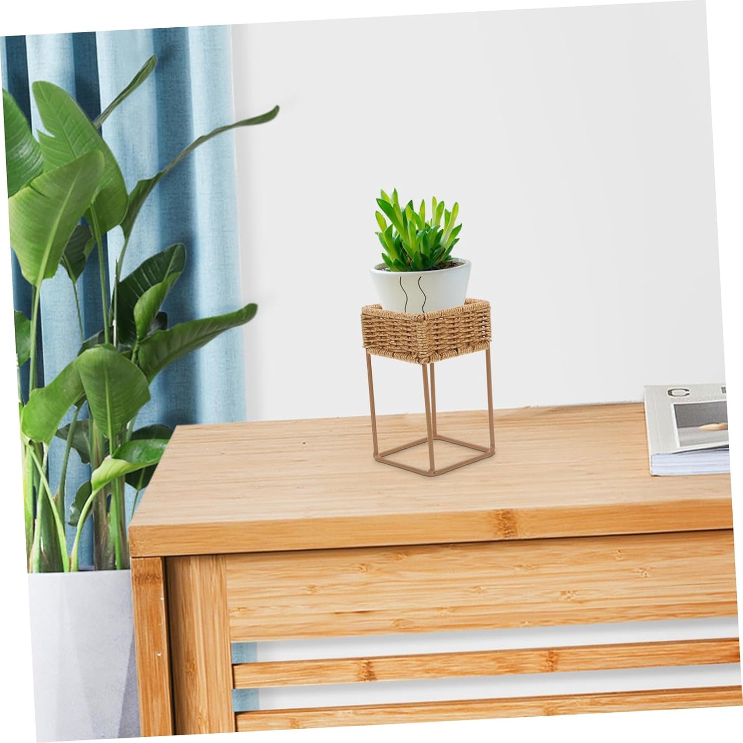 Wicker Plant Stand for Indoor and Outdoor Use Imitation Bamboo Flower Pot Display Rack Decorative Storage Shelf for Greenery 1-Tier Design