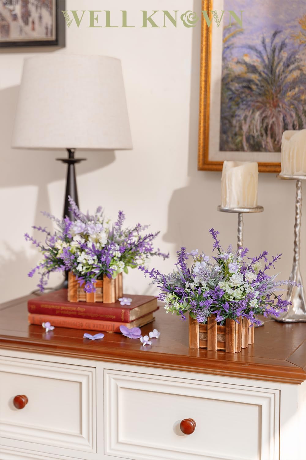 WELL KNOWN Artificial Lavender Plants in Wooden Baskets, Artificial Mini White Flower Arrangement in Planter for Home Hotel Office Table Wedding Centerpieces & Gift(Set of 2)