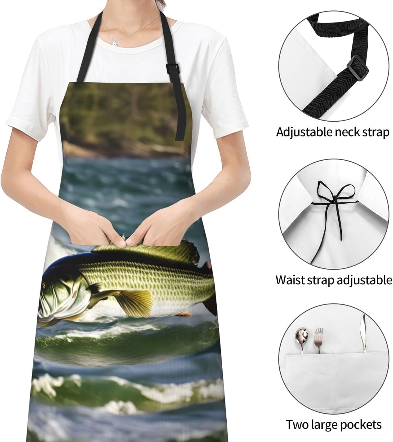 Bass Fishing Wave Print 28x33 In Adult Kitchen Apron with Pockets Versatile Chef Smock for Cooking Baking