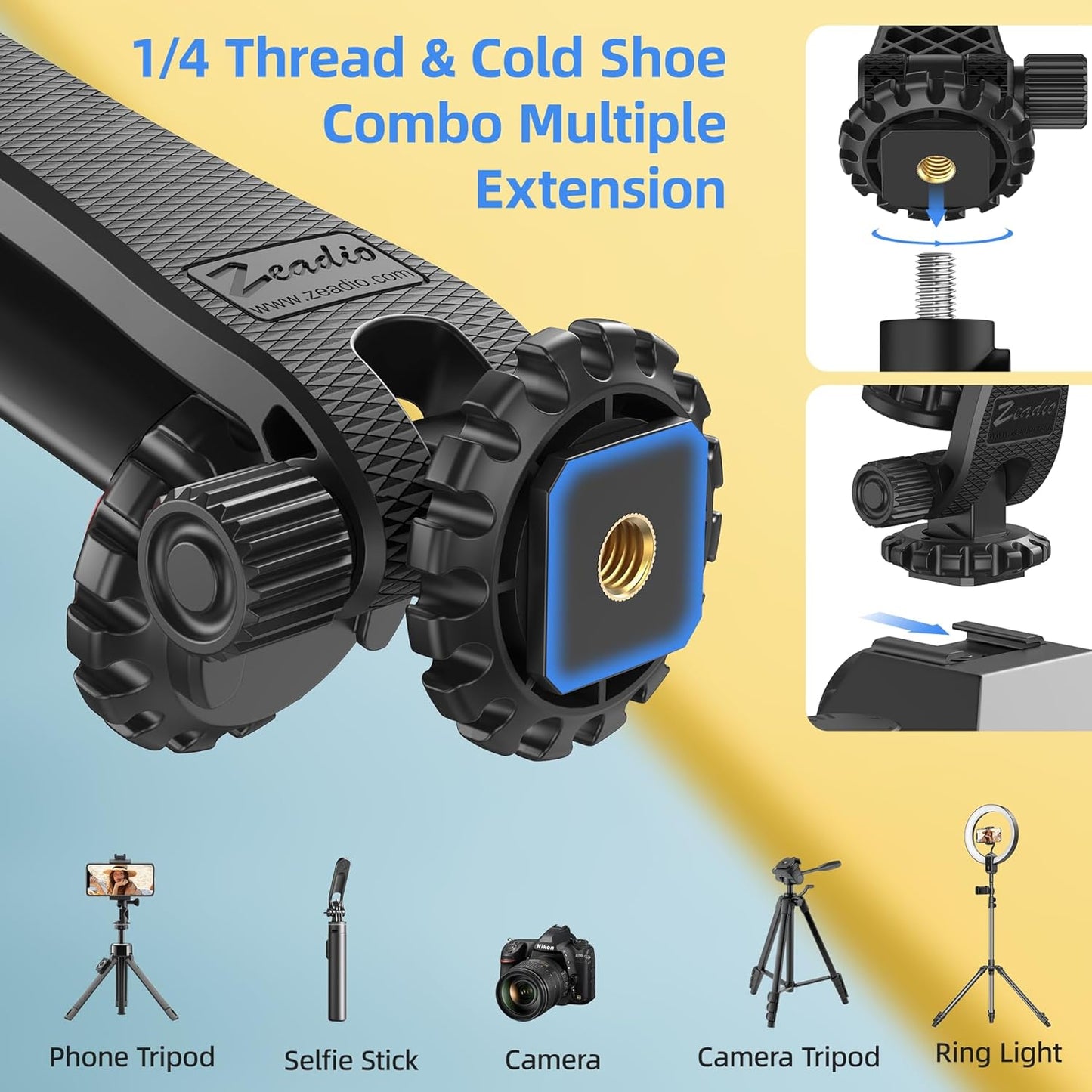 Zeadio Smartphone Tripod Mount Adapter, Cell Phone Tripod Holder Selfie Stick Monopod Adjustable Clamp, Fits for All iPhone and Android Smartphones
