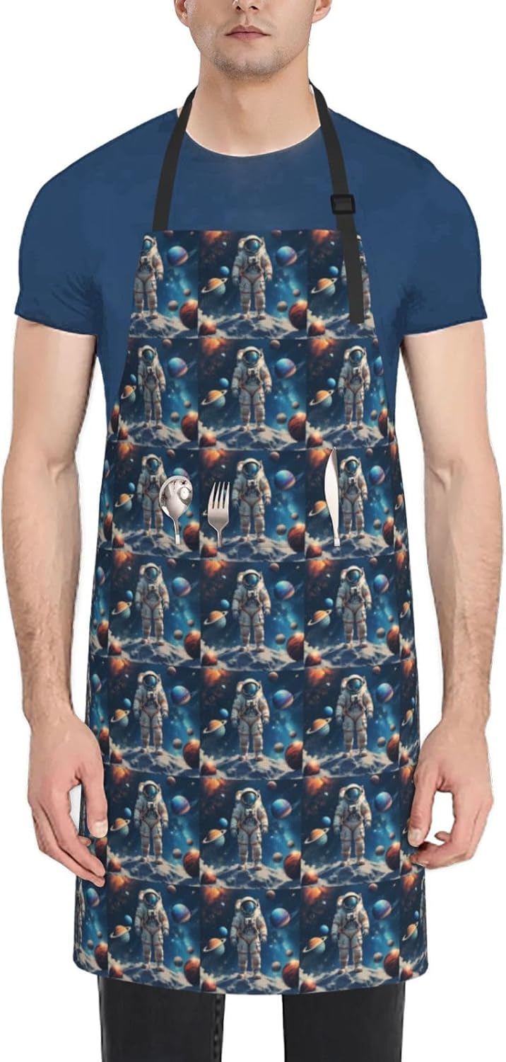 YANYU Space Print 28x33 In Kitchen Apron Stylish Chef Apron with Pockets for Cooking Baking Painting