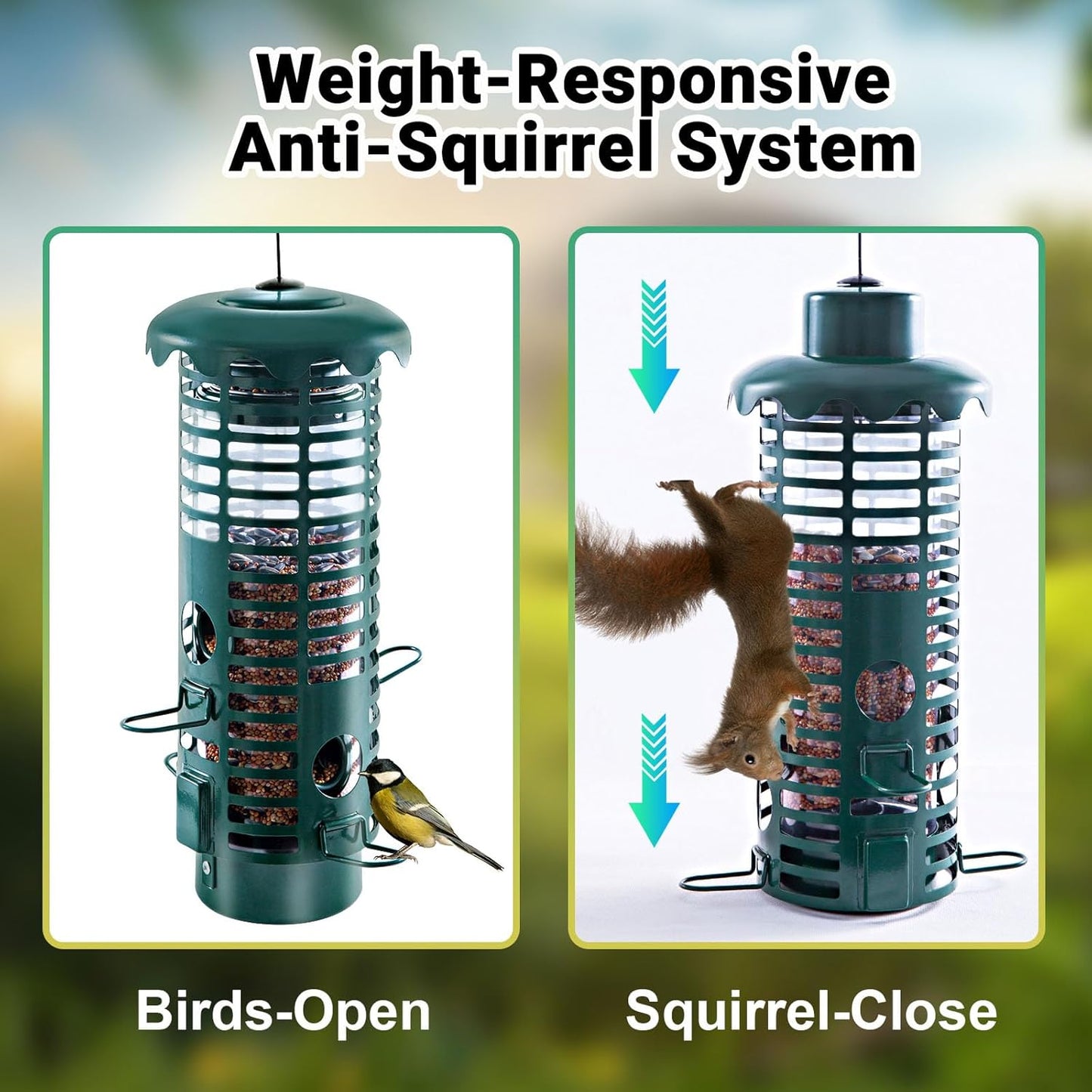 Squirrel Proof Bird Feeders Metal for Outdoors Hanging Weight Activated Wild Bird Seed Feeder for Finch Cardinal Chickadee, Weatherproof & Chew-Proof, 2LB Large Capacity, Green