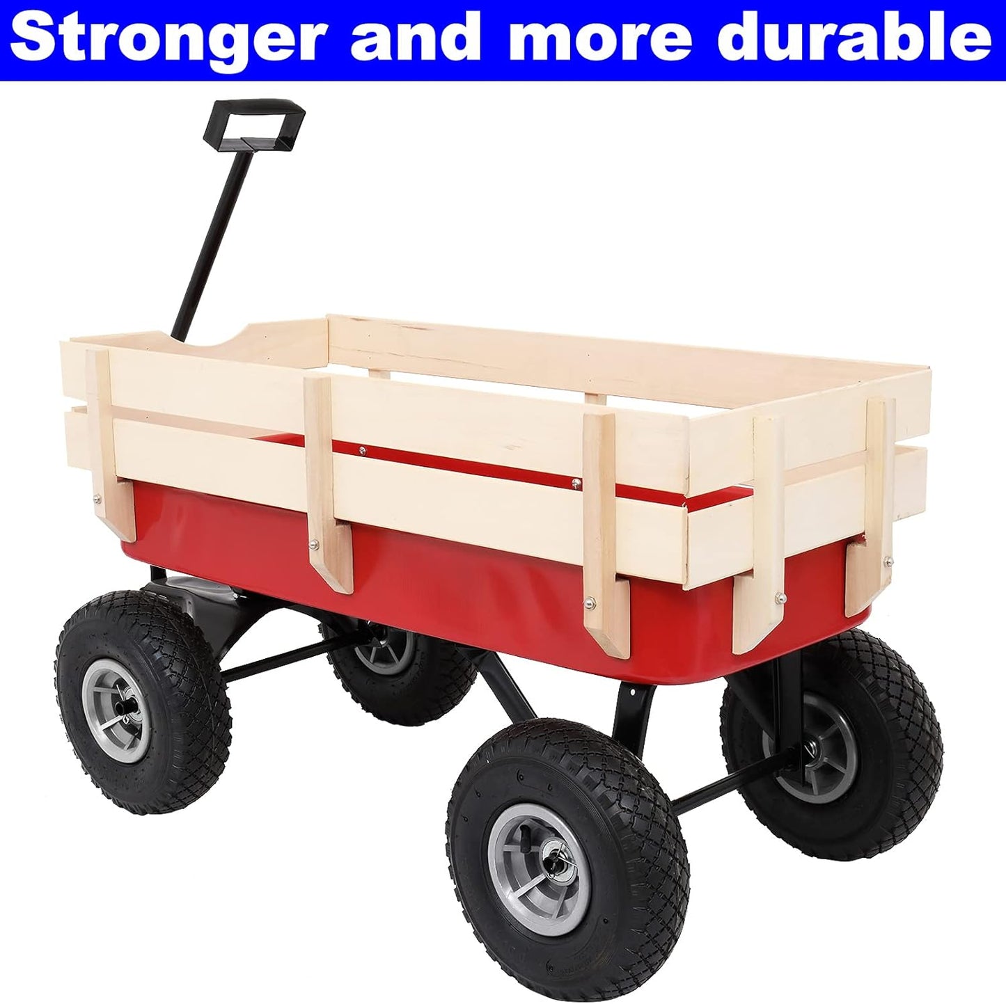 Upgraded Version Best All Terrain Cargo Wagon Wood Garden Cart with Big Wheels, Kids Outdoor Wagons, Air Tires, Easy Assembly, Red