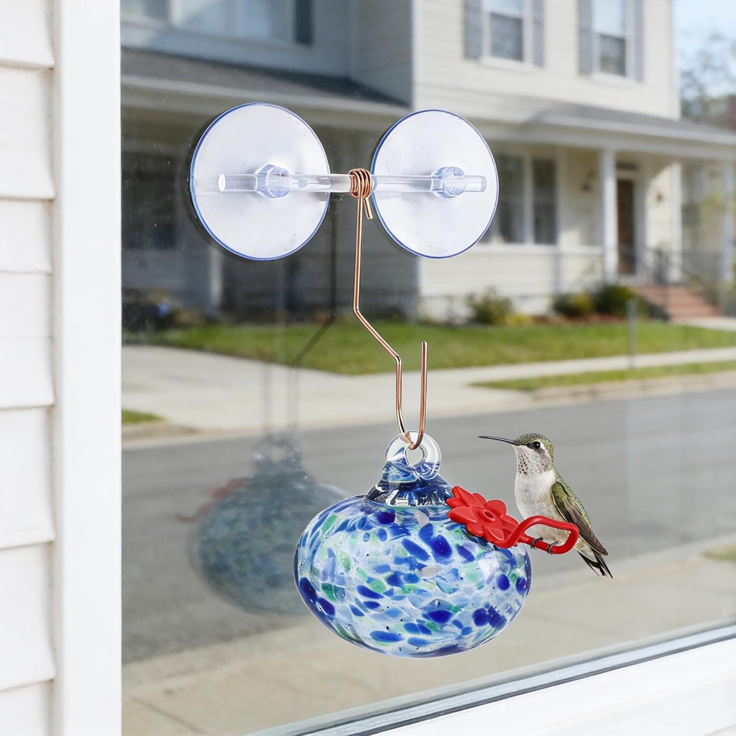3inch Blown Glass Hummingbird Feeder with Suction Cups for Outdoor Glass Humming Bird Feeders with Hooks Garden Patio Decoration Gifts for Bird Lovers