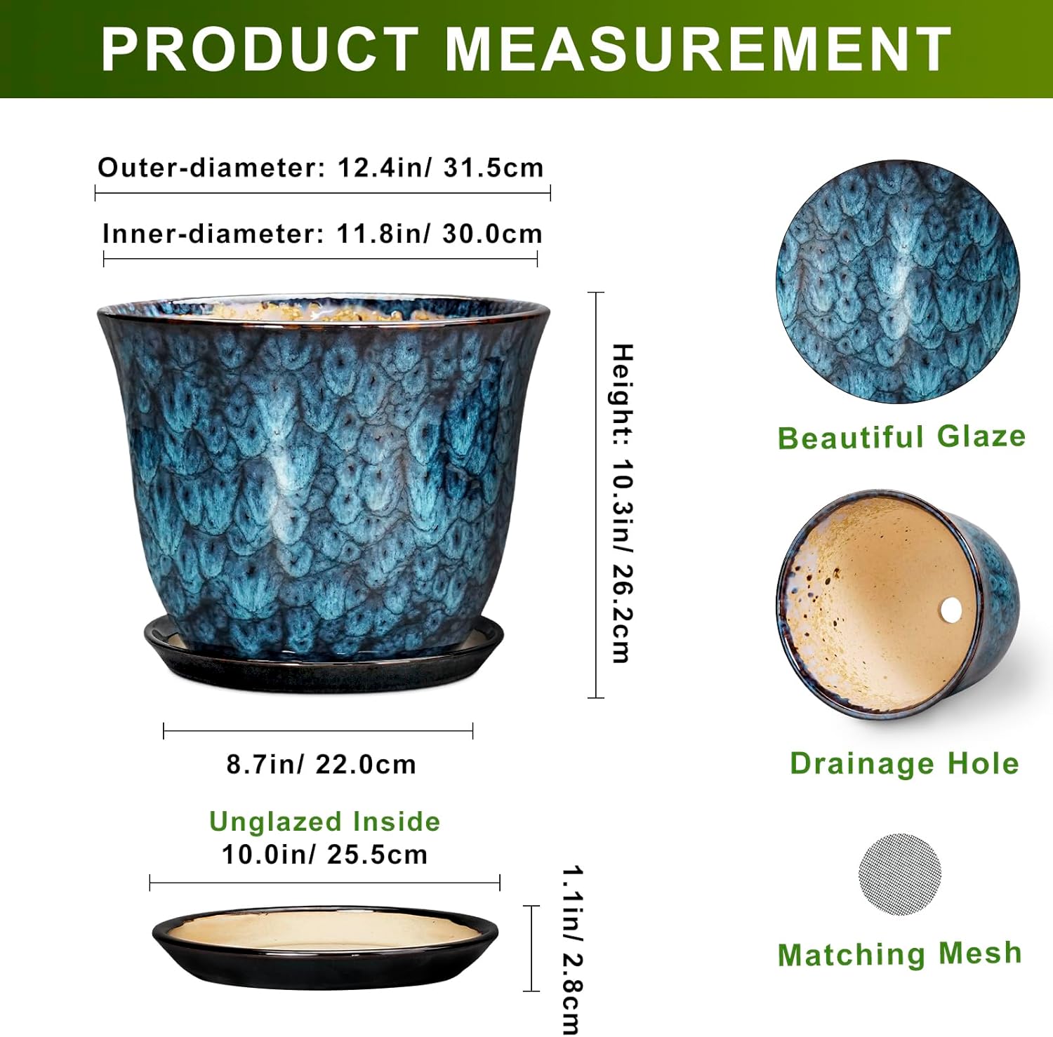 Ceramic Plant Pots - 12 Inch Pots for Plants Indoor Outdoor, Large Rou
