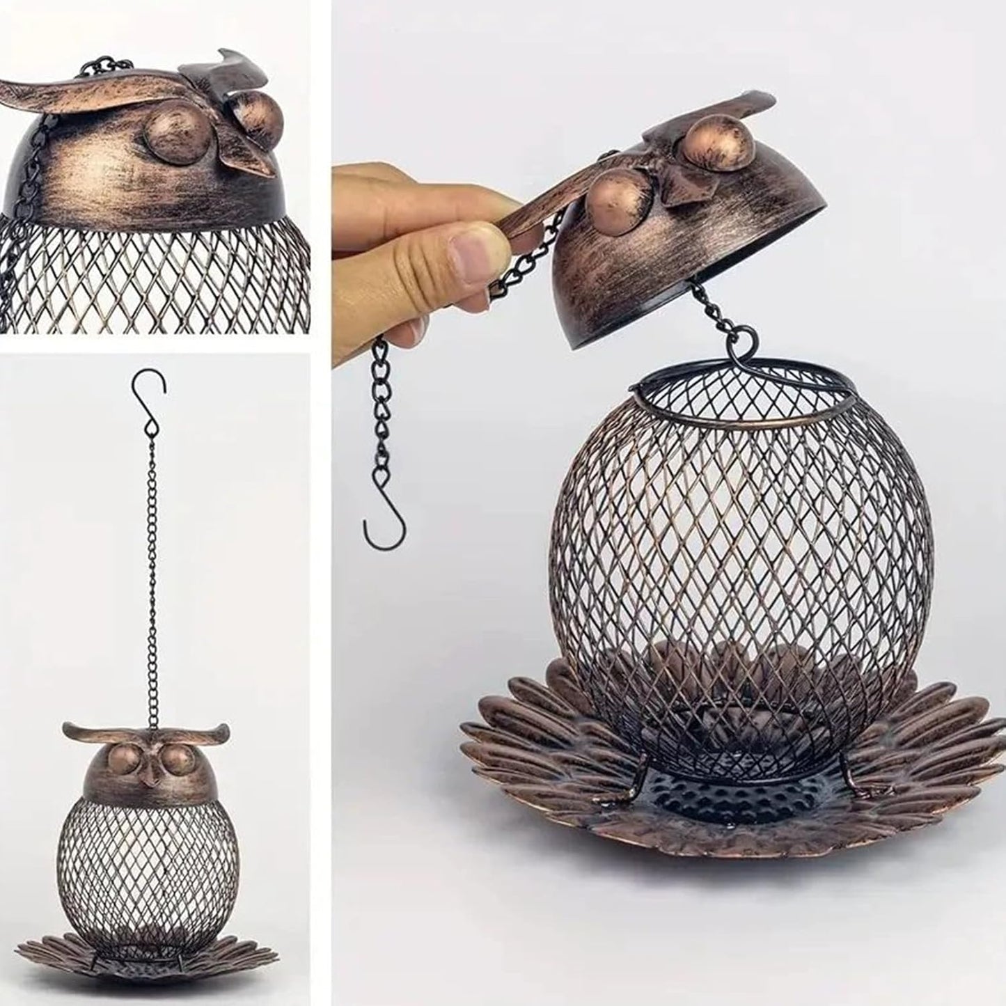 Owl Shaped Bird Feeder, Vintage Metal Squirrel Proof Feeder, Large Capacity Outdoor Feeders, Cute Bird Feeding Accessory for Finch Bluebird Sparrow for Yard Deck Porch Garden Backyard