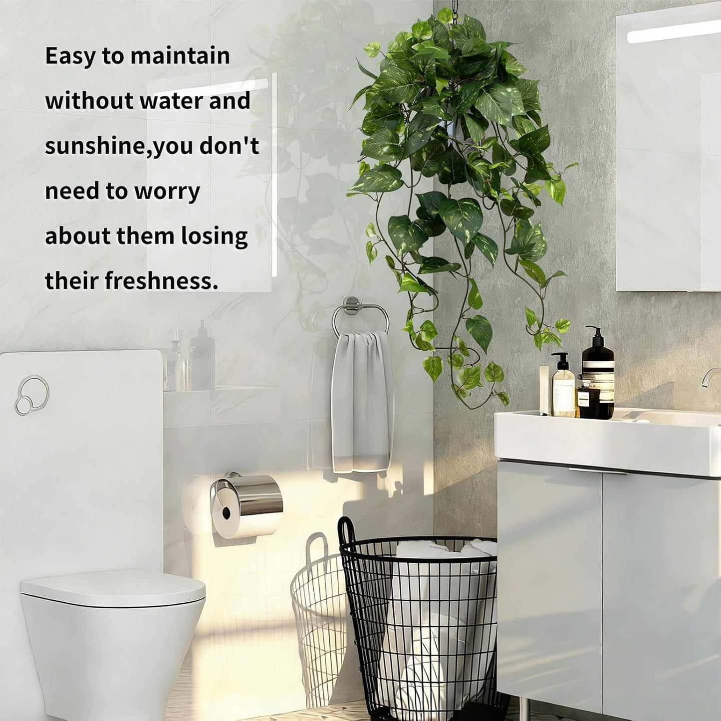 LOYWREE Artificial Plants Fake Pothos in Plastic Pot - Artificial Scindapsus Aureus Faux Potted Plant with Trailing Vines for Indoor Outdoor Decor, Home Office Bedroom Shelf Decoration（White Pot）