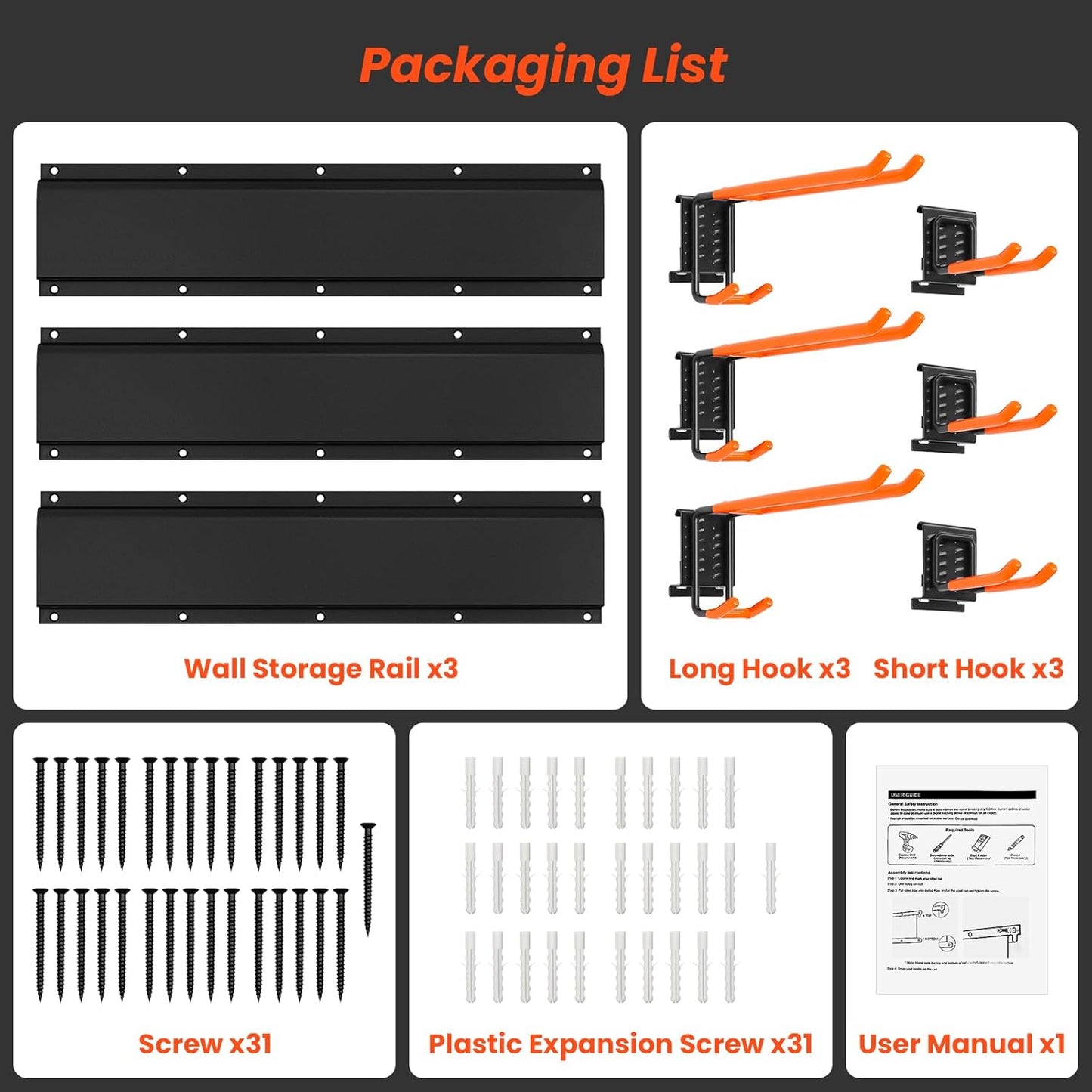 ELECROW Garage Storage Organizer, Wall Mount Rack with 6 Adjustable Hooks, 48 Inches Adjustable Garden Tool Organization, Heavy Duty for Garden and Yard Tool Storage