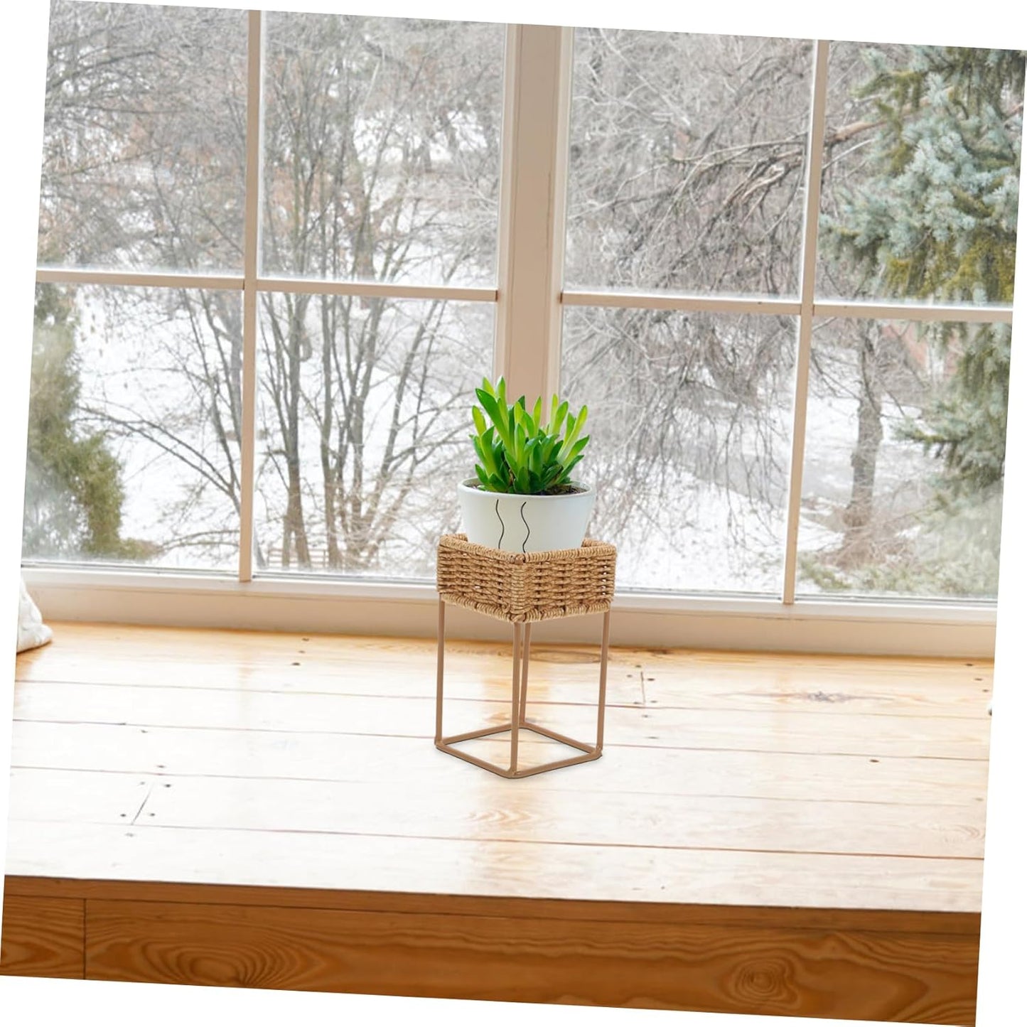Wicker Plant Stand for Indoor and Outdoor Use Imitation Bamboo Flower Pot Display Rack Decorative Storage Shelf for Greenery 1-Tier Design