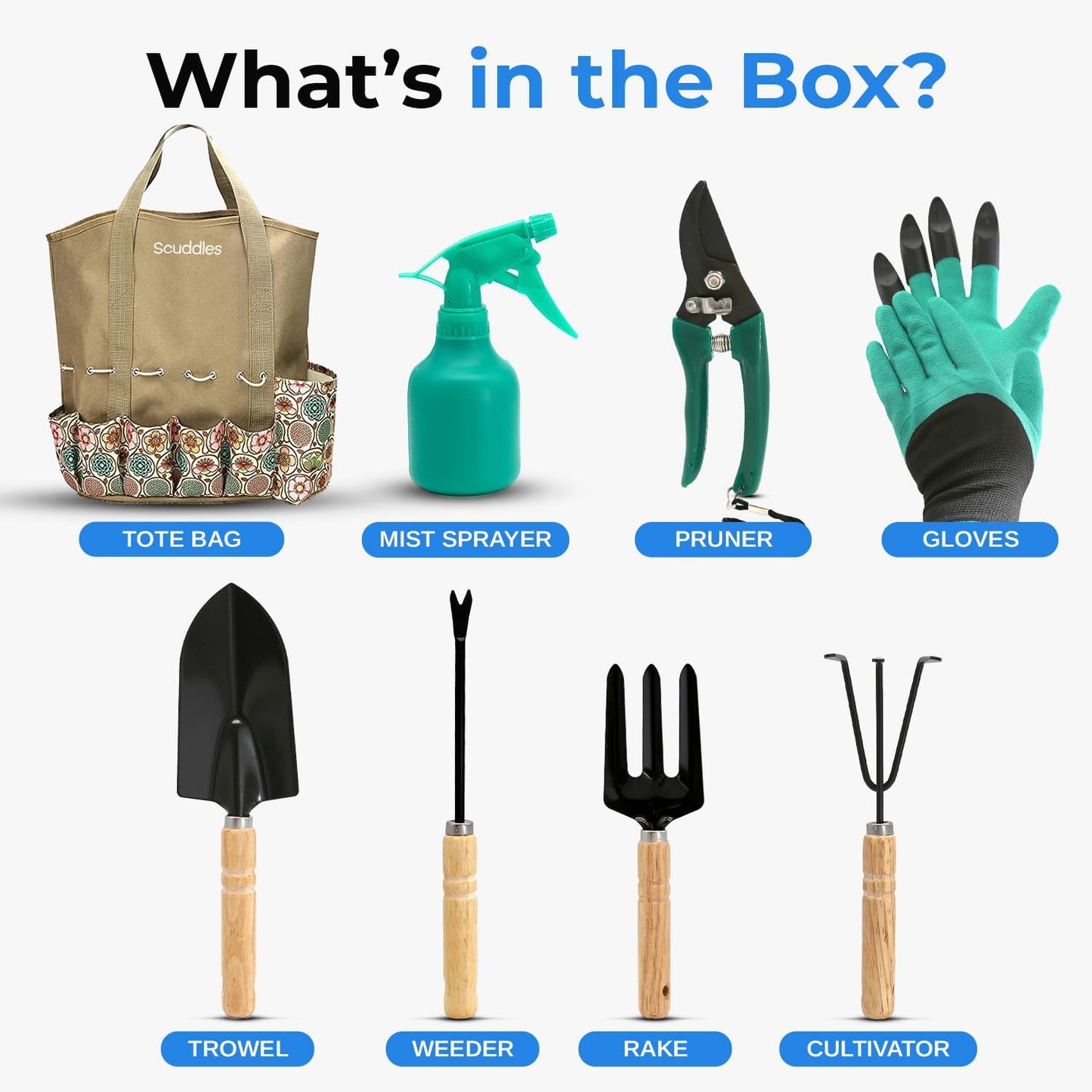 Scuddles All-in-One Gardening Tool Set with Large Storage Tote – Durable, Rust-Resistant Hand Tools with Ergonomic Grip for Digging, Weeding & Planting – Ideal Garden Gift for Women, Men & Beginners