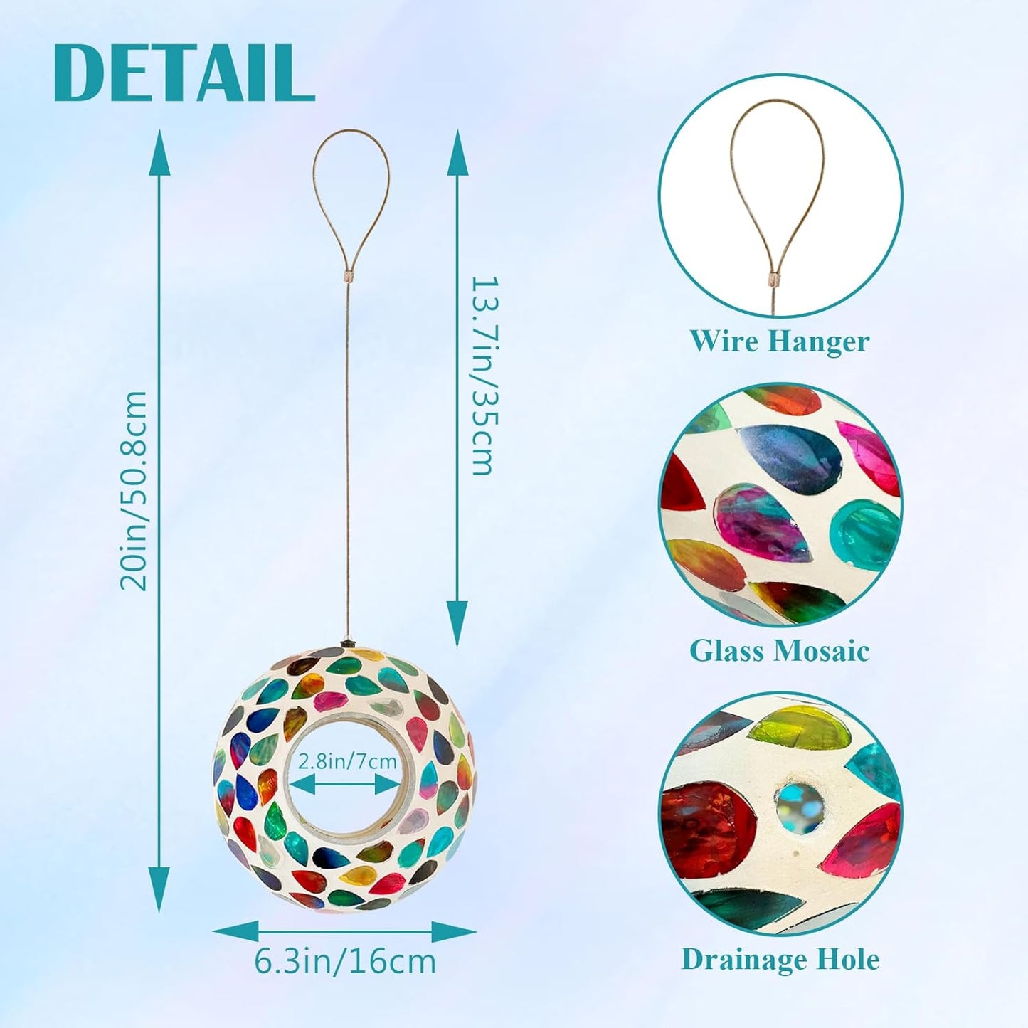 Hanging Bird Feeders for Outdoor Glass Mosaic Fly Through Wild Bird Feeder Round Shape Birdfeeder for Outside Garden Yard Patio Decoration White