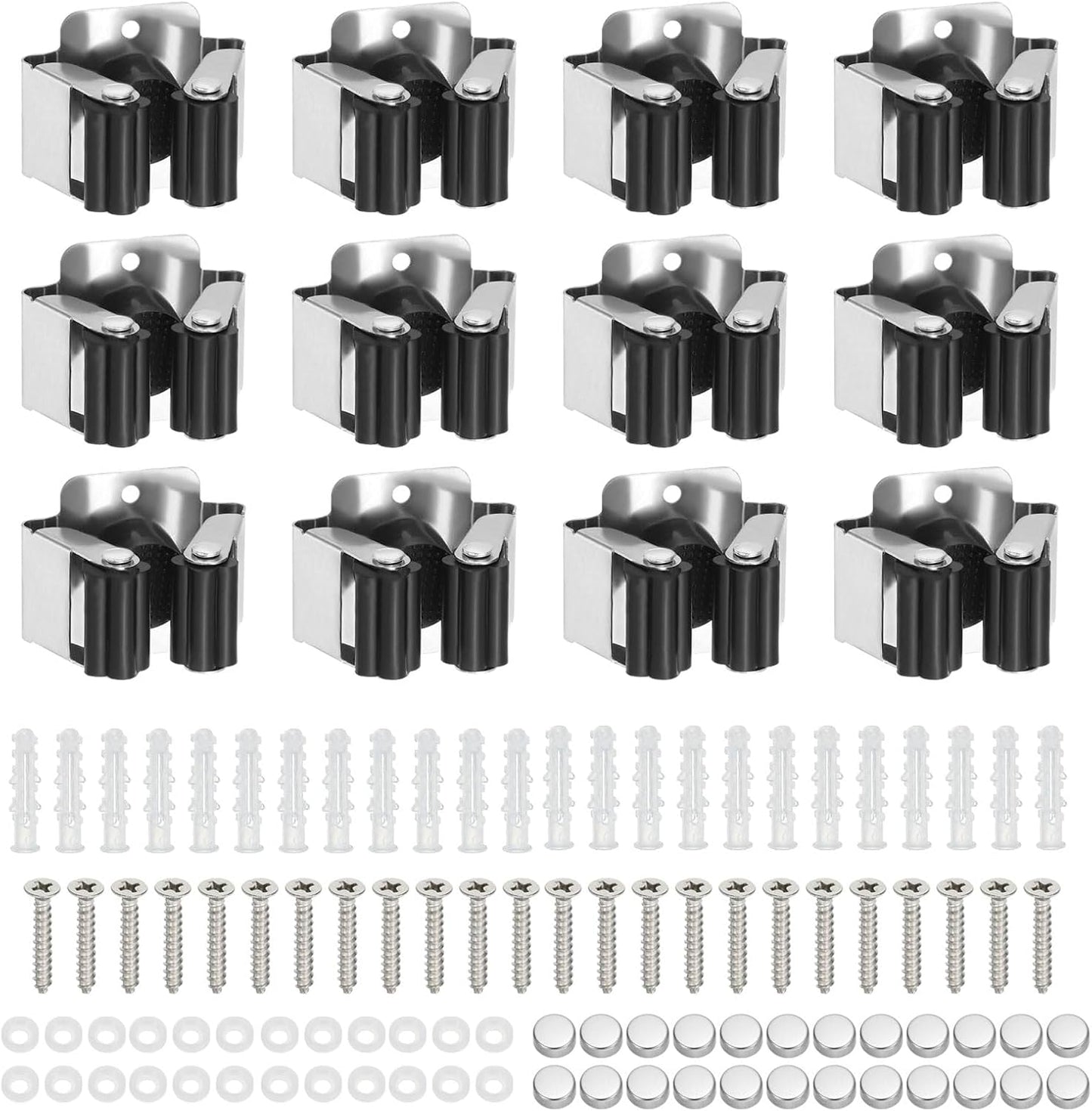 PATIKIL Broom and Mop Holder, 12 Pack Wall Mounted Stainless Steel Mop Hanger Heavy Garden Tool Organizer Rack Hanging Clips with Screws for Home Garage, Black