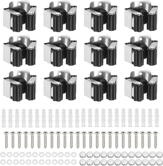 PATIKIL Broom and Mop Holder, 12 Pack Wall Mounted Stainless Steel Mop Hanger Heavy Garden Tool Organizer Rack Hanging Clips with Screws for Home Garage, Black