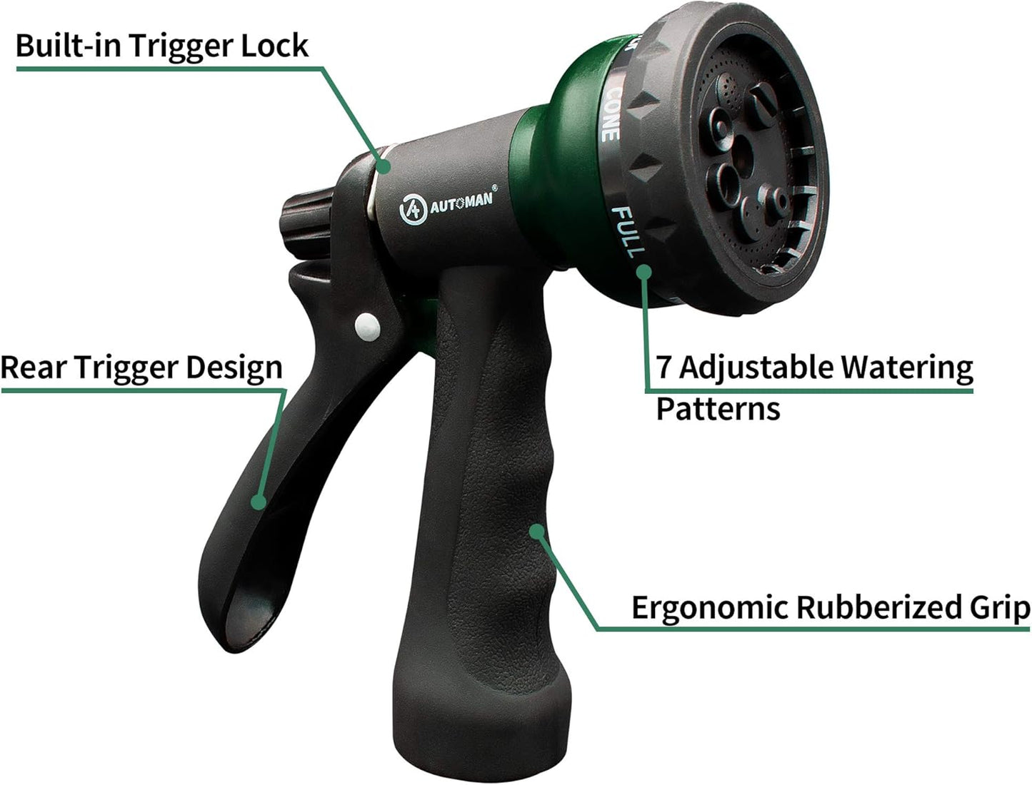 AUTOMAN-Garden-Hose-Nozzle, ABS Water Spray Nozzle with 7 Adjustable W