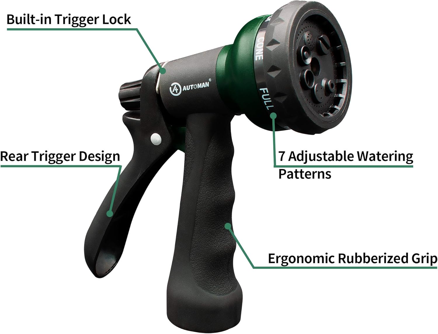 AUTOMAN-Garden-Hose-Nozzle, ABS Water Spray Nozzle with 7 Adjustable W