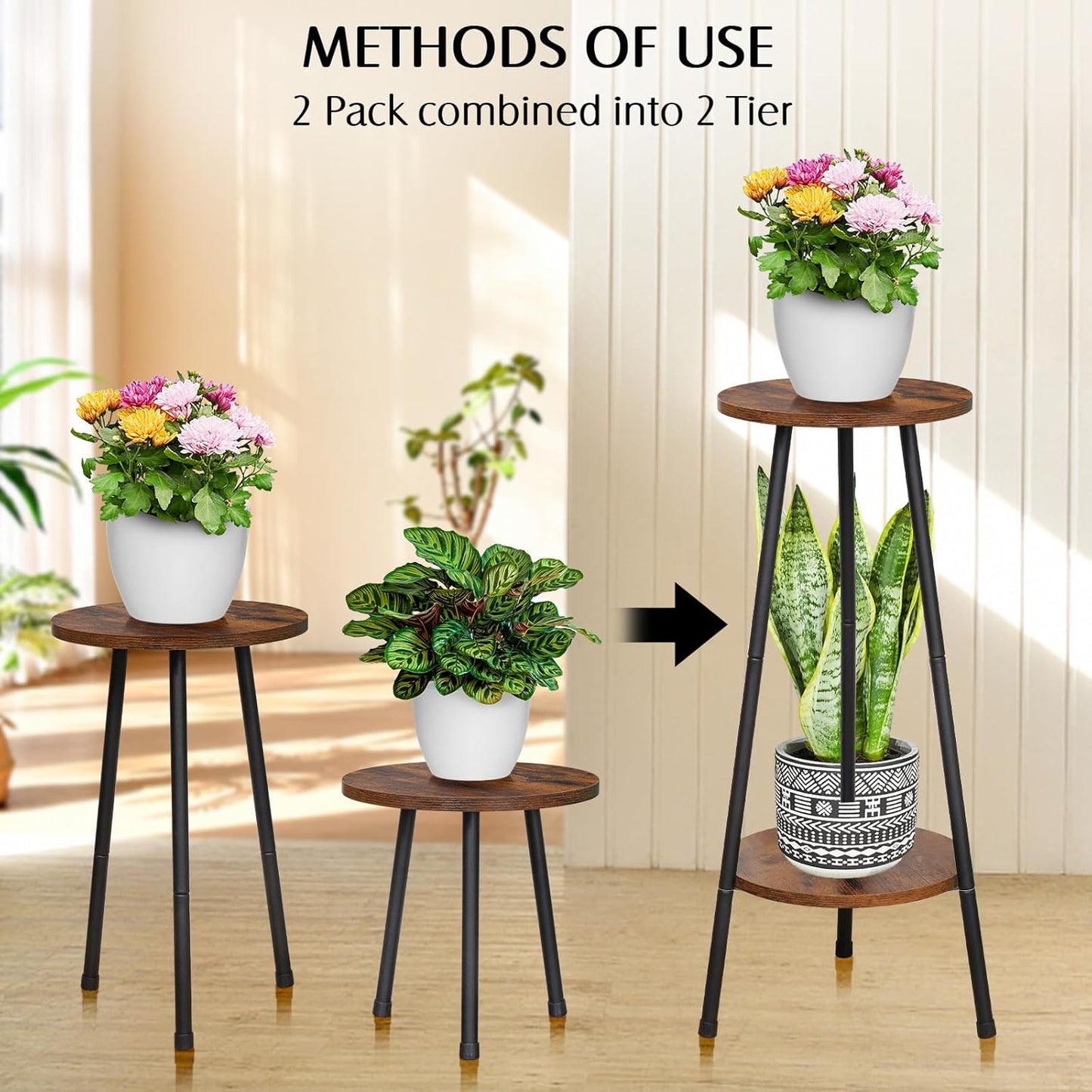 2 Pack Indoor Plant Stand, Mid-Century Wooden Style Plant Holder, Indo