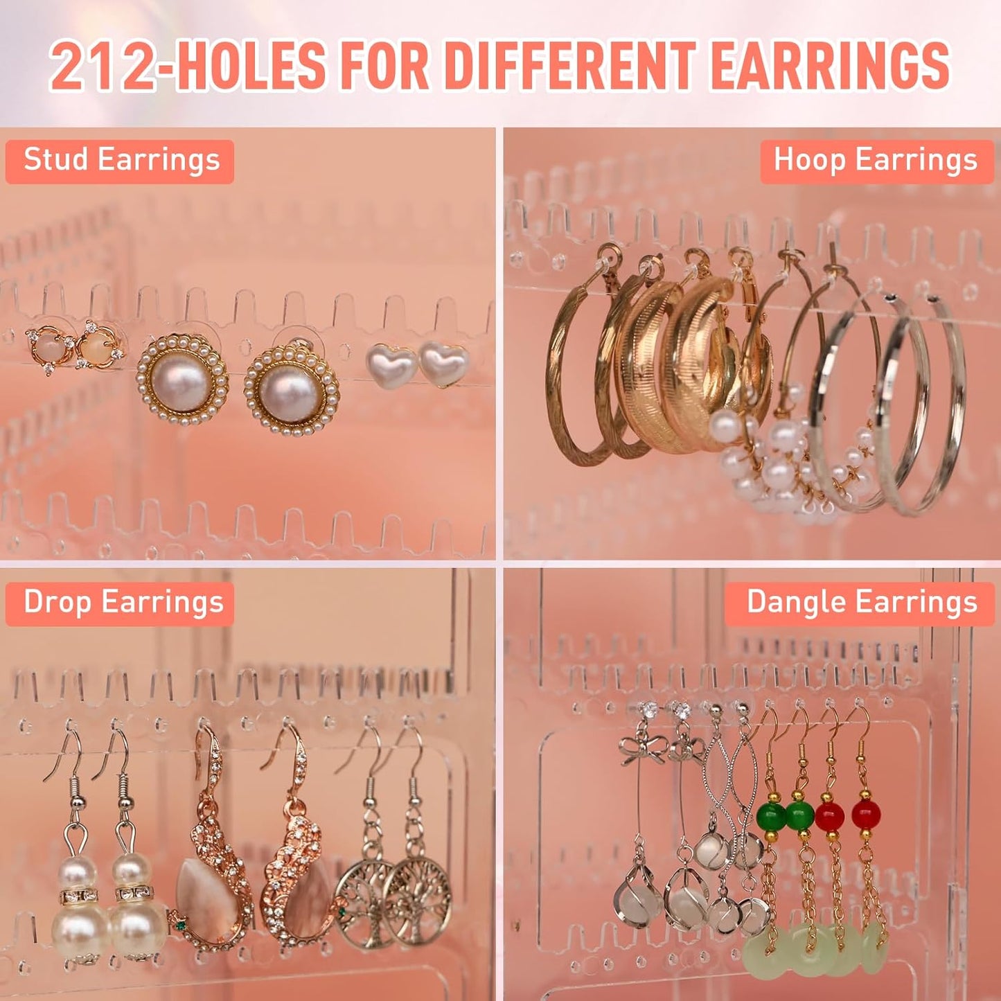 360 Rotating Earring Holder Organizer Stand,5 Tiers Acrylic Jewelry Organizers and Storage,Stud Earring Organizers and Storage,212 Holes and 212 Grooves for Earrings Necklaces chain bracelet