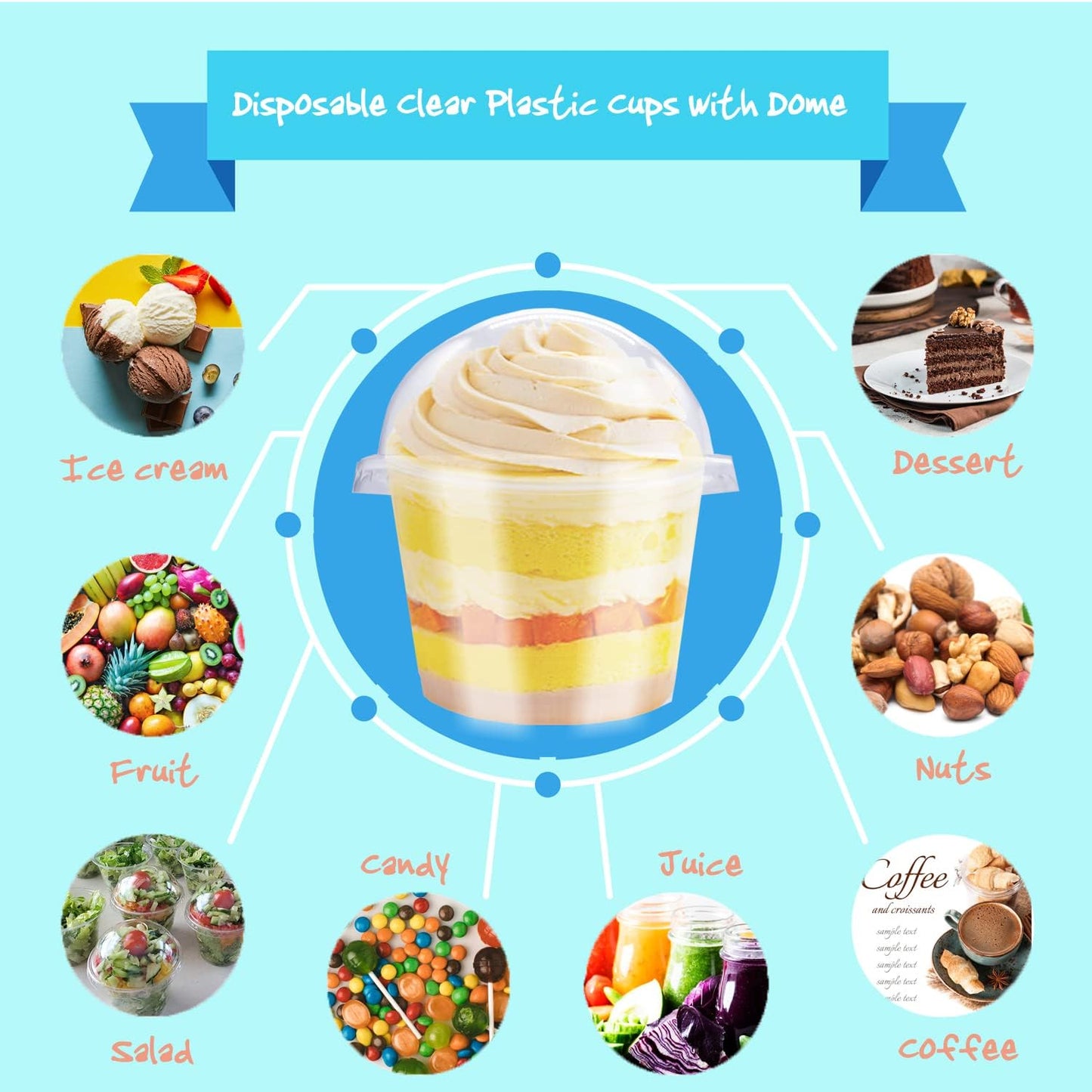 50 Pack 8oz Disposable Clear Plastic Cups with Dome Lids(Hole in the Lid),PET Dessert Cups,Disposable Snack Bowls for Ice Cream,Cake,Fruit,Parfait, Pudding and Jello Shot
