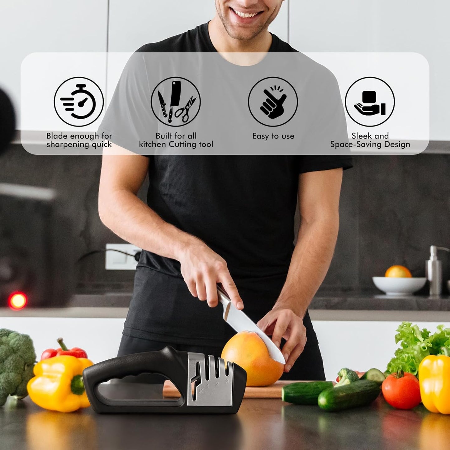 HOTEC 4in1 Knife Sharpener, 3 Stage Manual Sharpener for Sharpening Kitchen Knives 1 Stage for Scissors- Ceramic Stone, Tungsten Carbide Plates, Diamond rods
